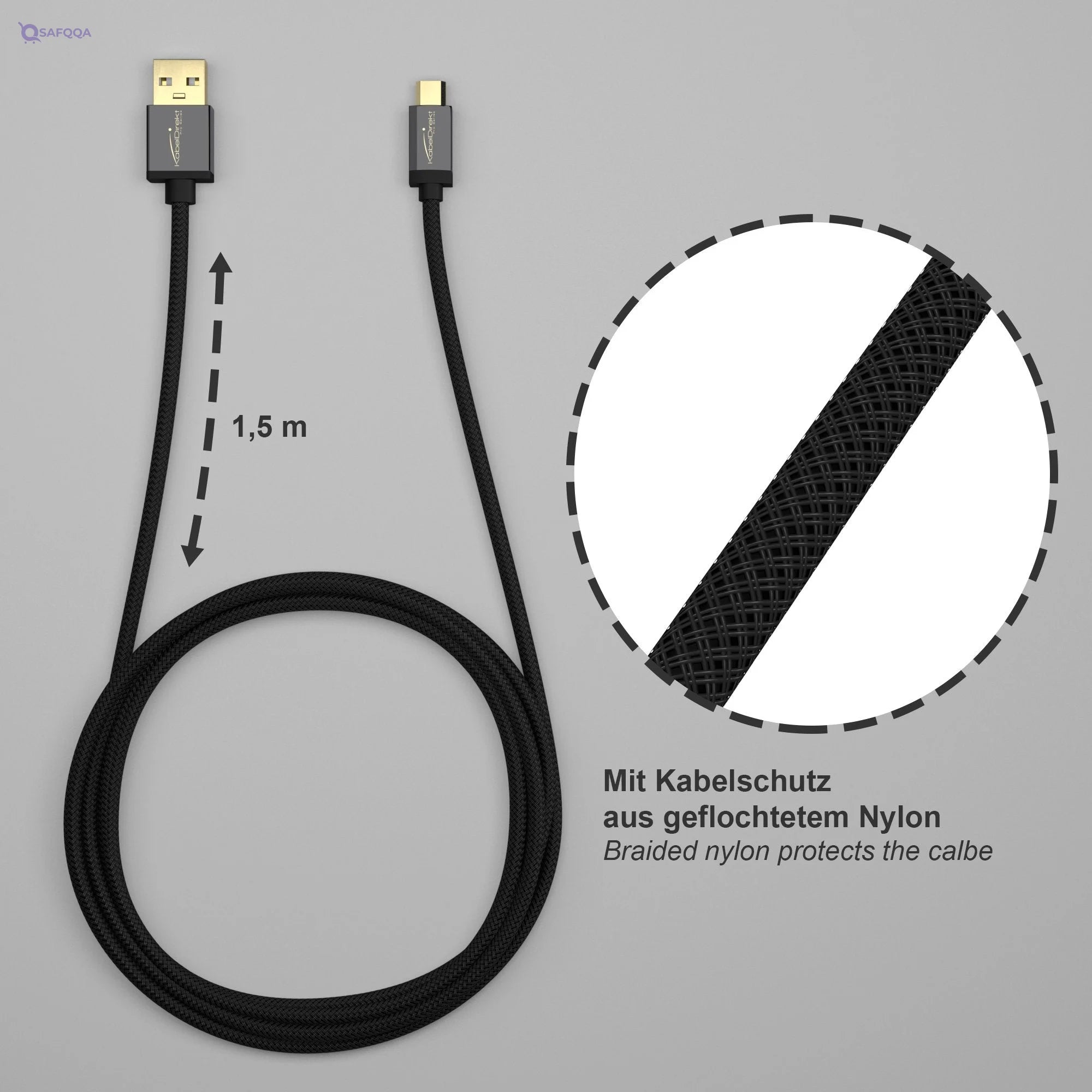 KabelDirekt – Micro USB Cable (USB 2.0, Synch & Charge Cable, nylon) PRO Series, Pack of 5 Cables, 1.5 Meters - Safqqa