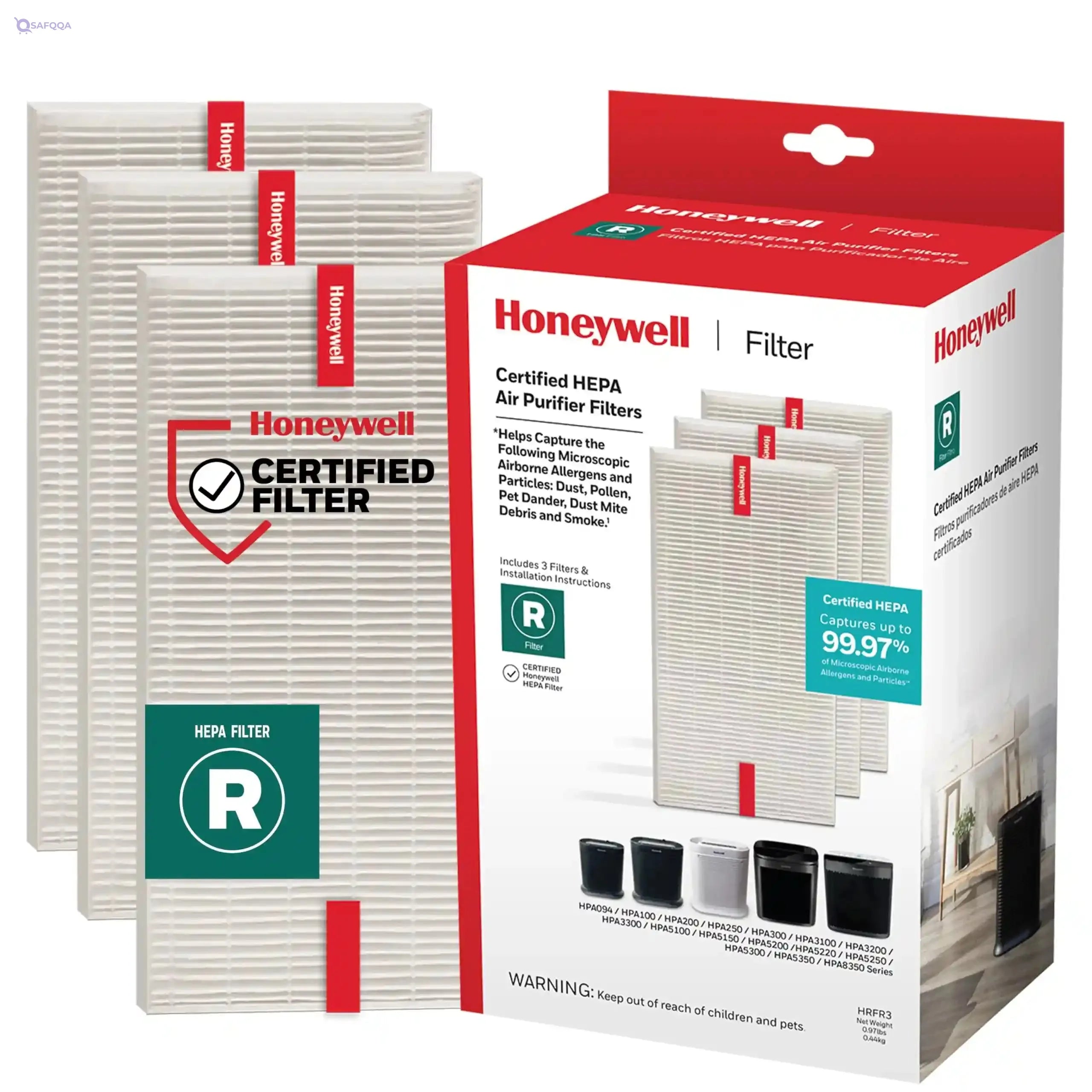 Honeywell HEPA Air Purifier Filter R, 3-Pack for HPA 100/200/300 and 5000 Series - Airborne Allergen Air Filter Targets Wildfire/Smoke, Pollen, Pet Dander, and Dust, White - Safqqa