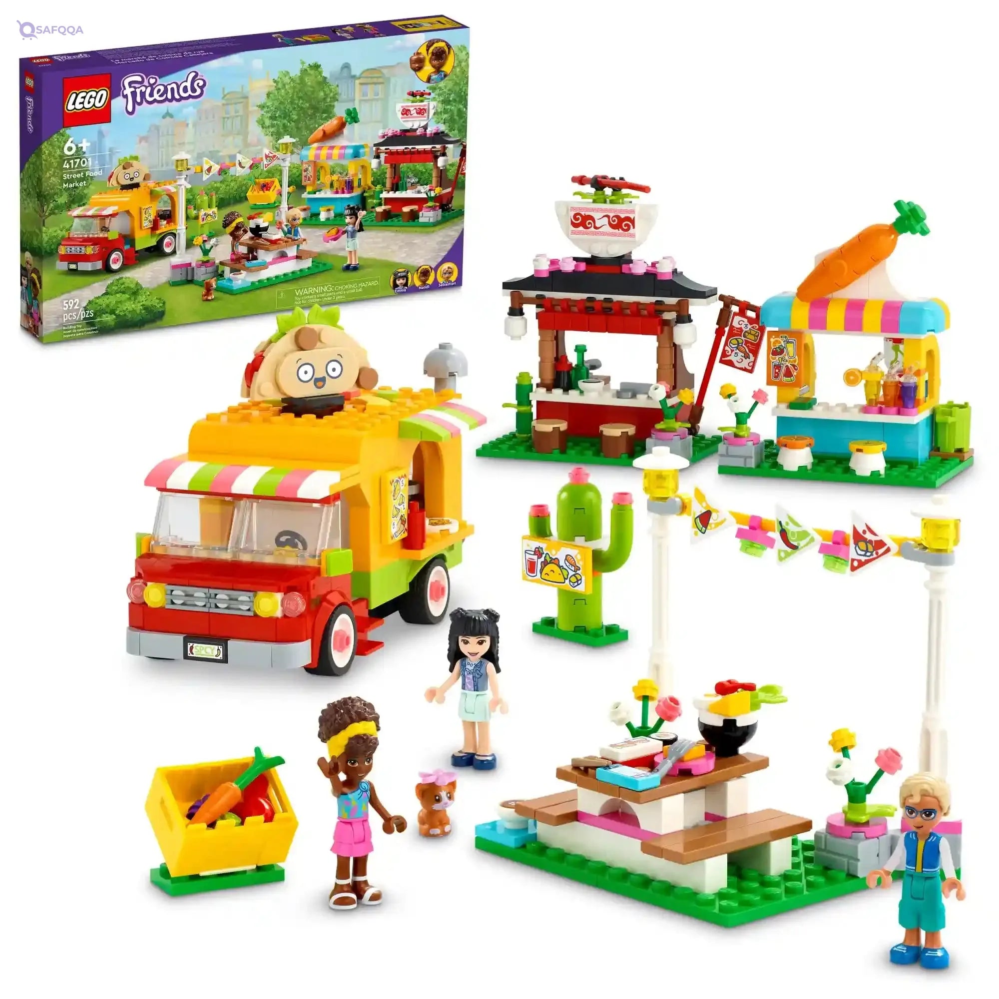 LEGO Friends Street Food Market 41701; New Food-Play Building Kit Promotes Imaginative Play; Includes Emma and Kitten Toy; Birthday Gift for Kids Aged 6+ (592 Pieces) - Safqqa