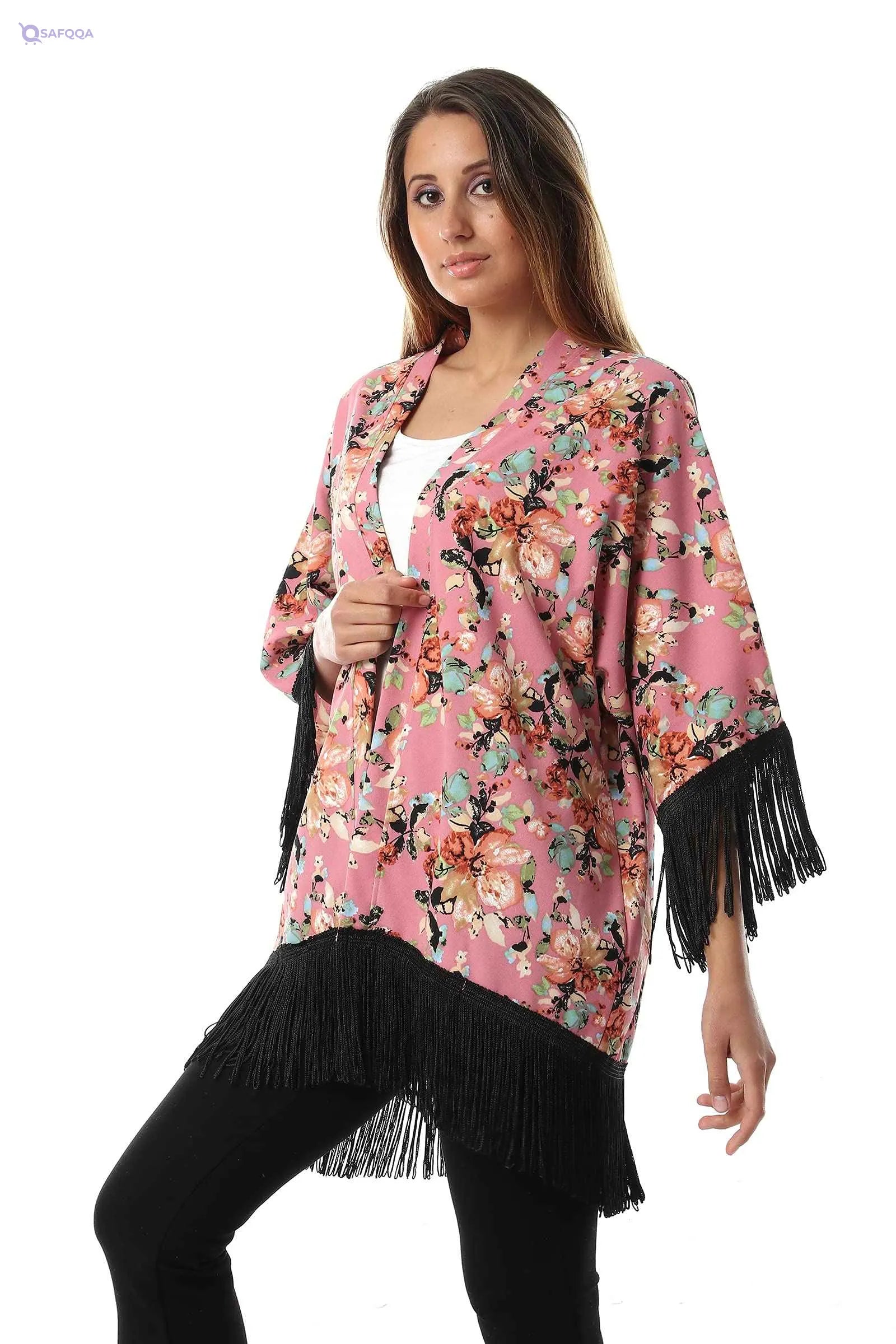 Jamila Women Floral Patterned Contrast Fringes Cotton Kimono - Safqqa Egypt