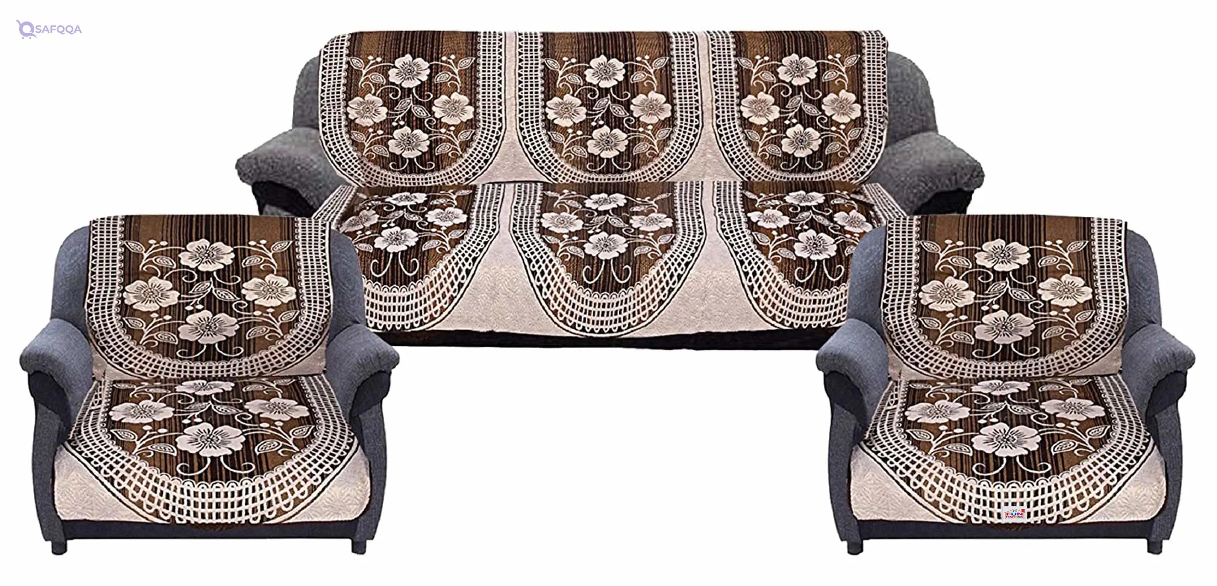 Fun Homes Flower Print 6 Piece Cotton 5 Seater Sofa Cover Use Both Side,Living Room,Drawing Room,Bedroom,Guest Room - Brown - Safqqa
