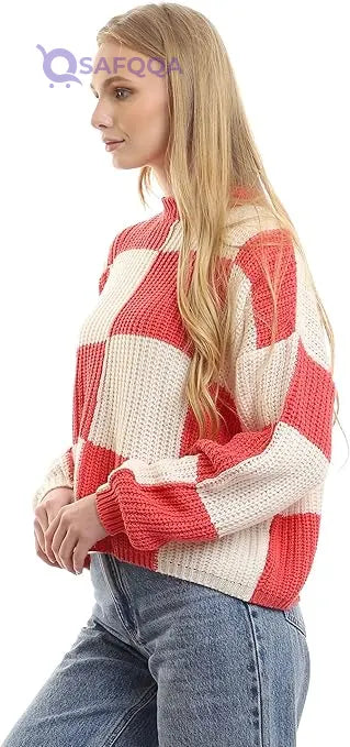 Ravin Women's Bi-Tone Knitted Mock Neck Pullover - Off White & Coral (96991) - Safqqa