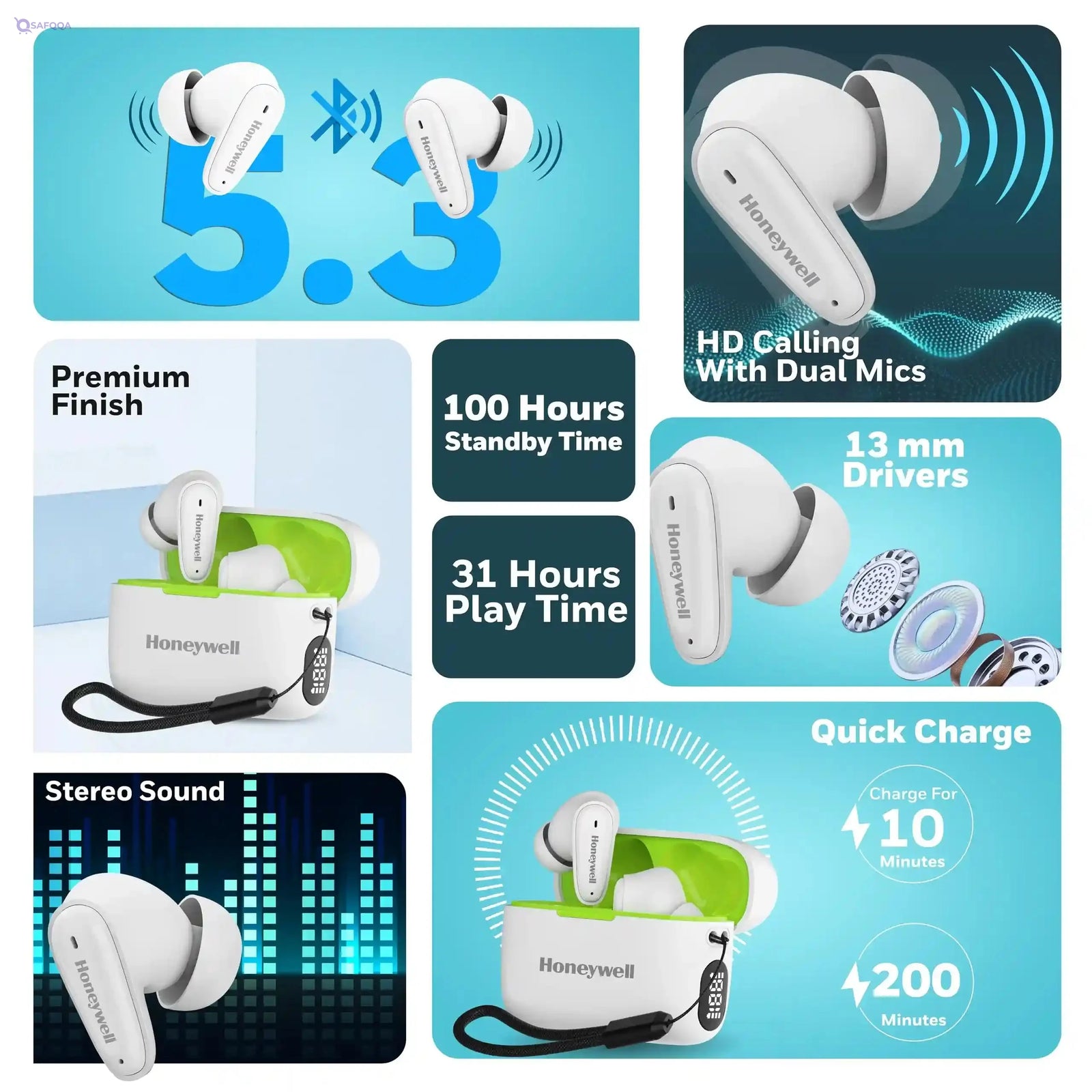 Honeywell  V1100, in-Ear True Wireless Stereo Earbuds with Digital Battery Display Case, Dual Microphones, Bluetooth V5.3, 31 Hours of Playtime, 100 Hours Stand-by, Fast Charging, White - Safqqa