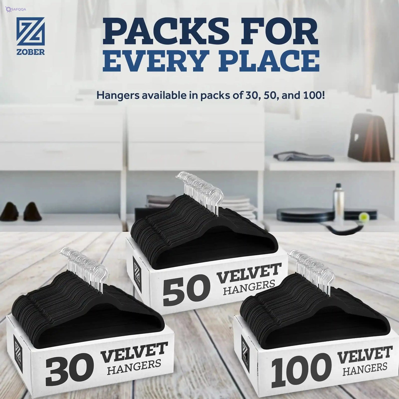 Zober Velvet Hangers 50 Pack - Black for Coats, Pants & Dress Clothes - Non Slip w/ 360 Degree Swivel, Holds up to 10 lbs - Strong Felt Hangers for Clothing - Safqqa
