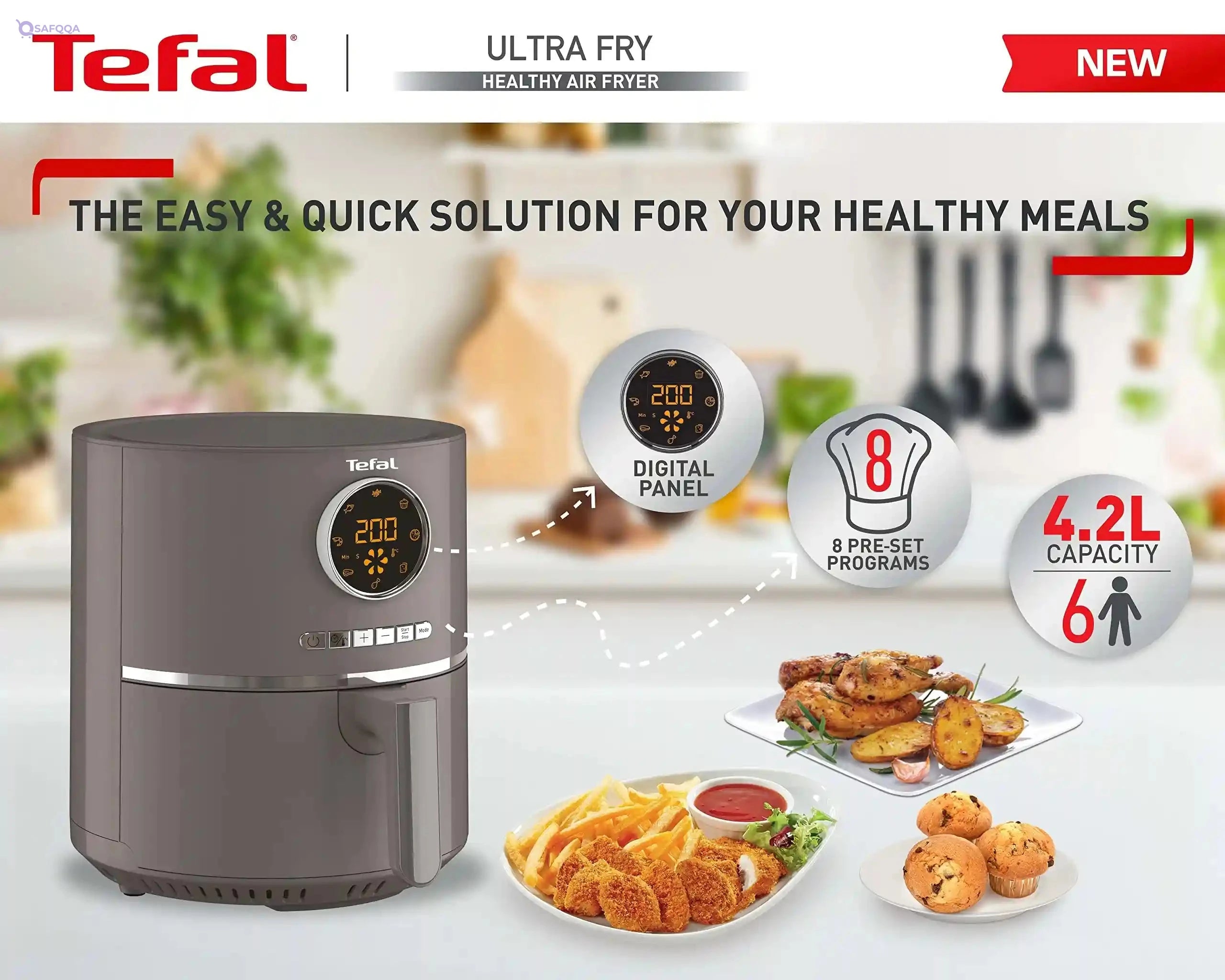 Tefal Ultra Fry Digital Air Fryer, 4.2 Liters, 8 Programs, Charcoal Grey - EY111B15 - Safqqa