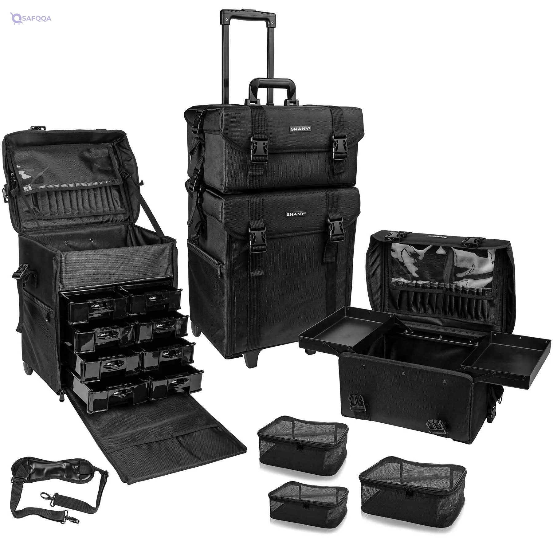 Shany Soft MakEUp Artist Rolling Trolley Cosmetic Case With Free Set Of Mesh Bags - Jet Black-Open Box - Safqqa