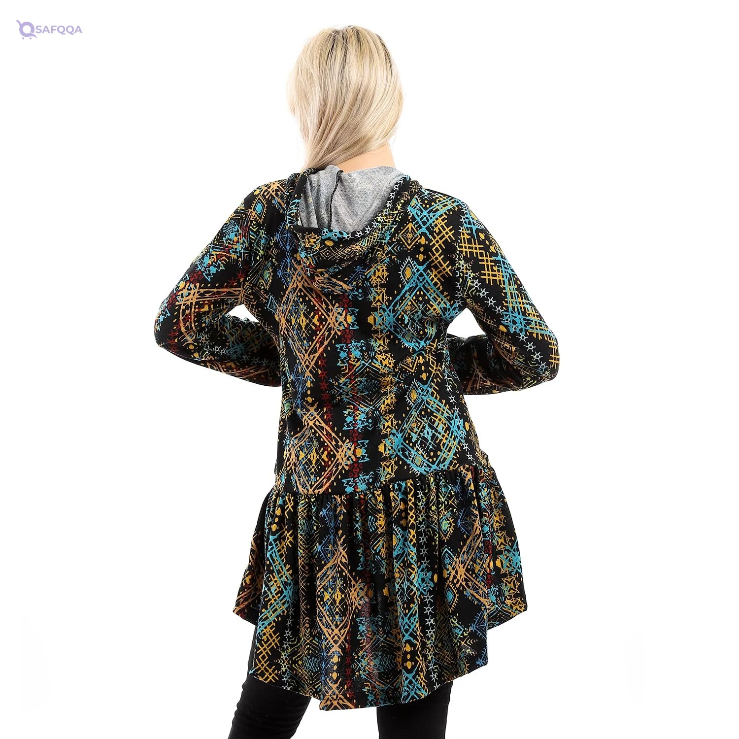 Andora womens Hi-Low Ruffle Trim Patterned Winter Shirt - Dark Yellow & Black Blouse - Safqqa