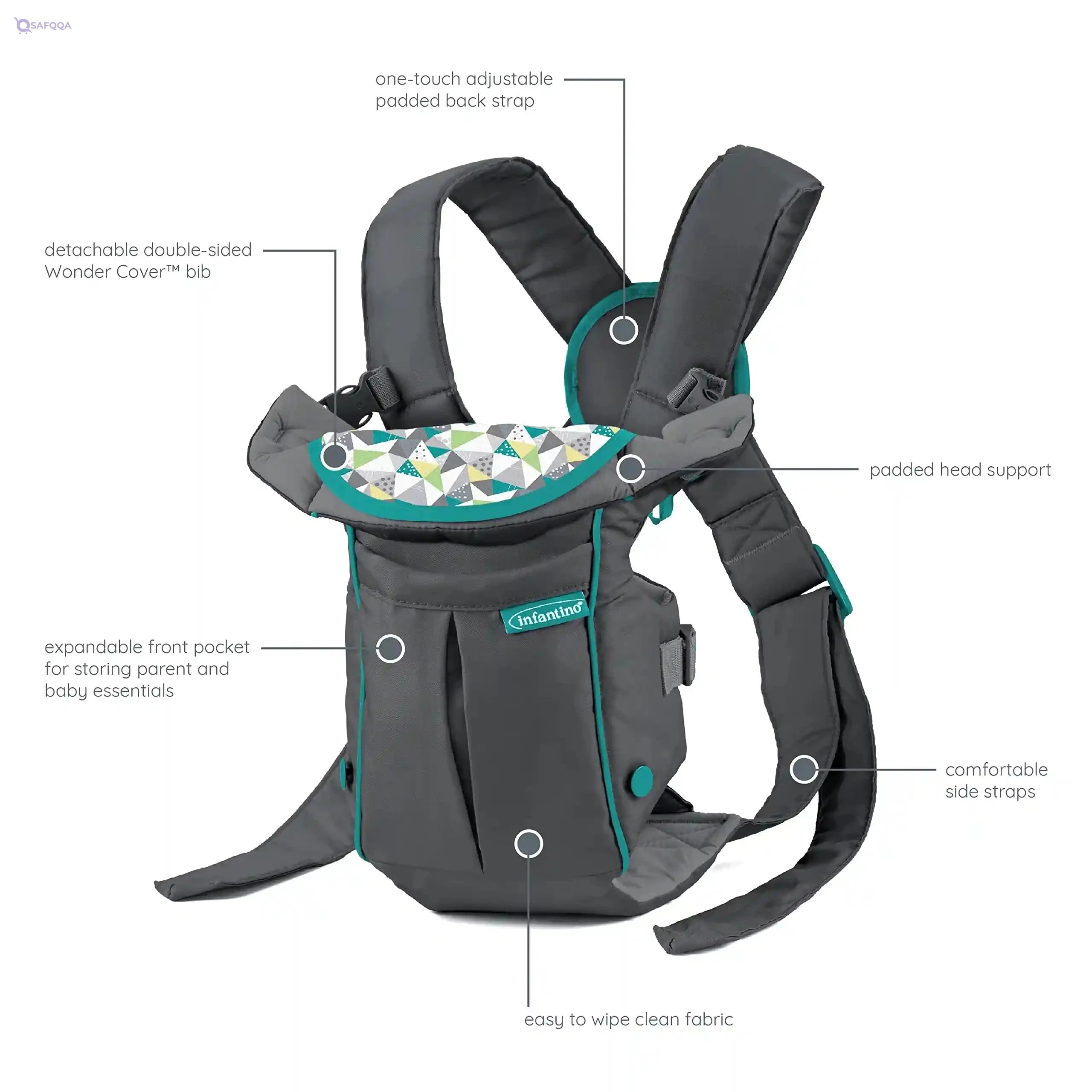 Infantino Classic Carrier with Pocket - 2 Ways to Carry Grey_Carrier with Wonder Bib & Essentials Storage Front Pocket, Adjustable Back Strap, Inward & Outward Facing, Easy Clean Material - Safqqa