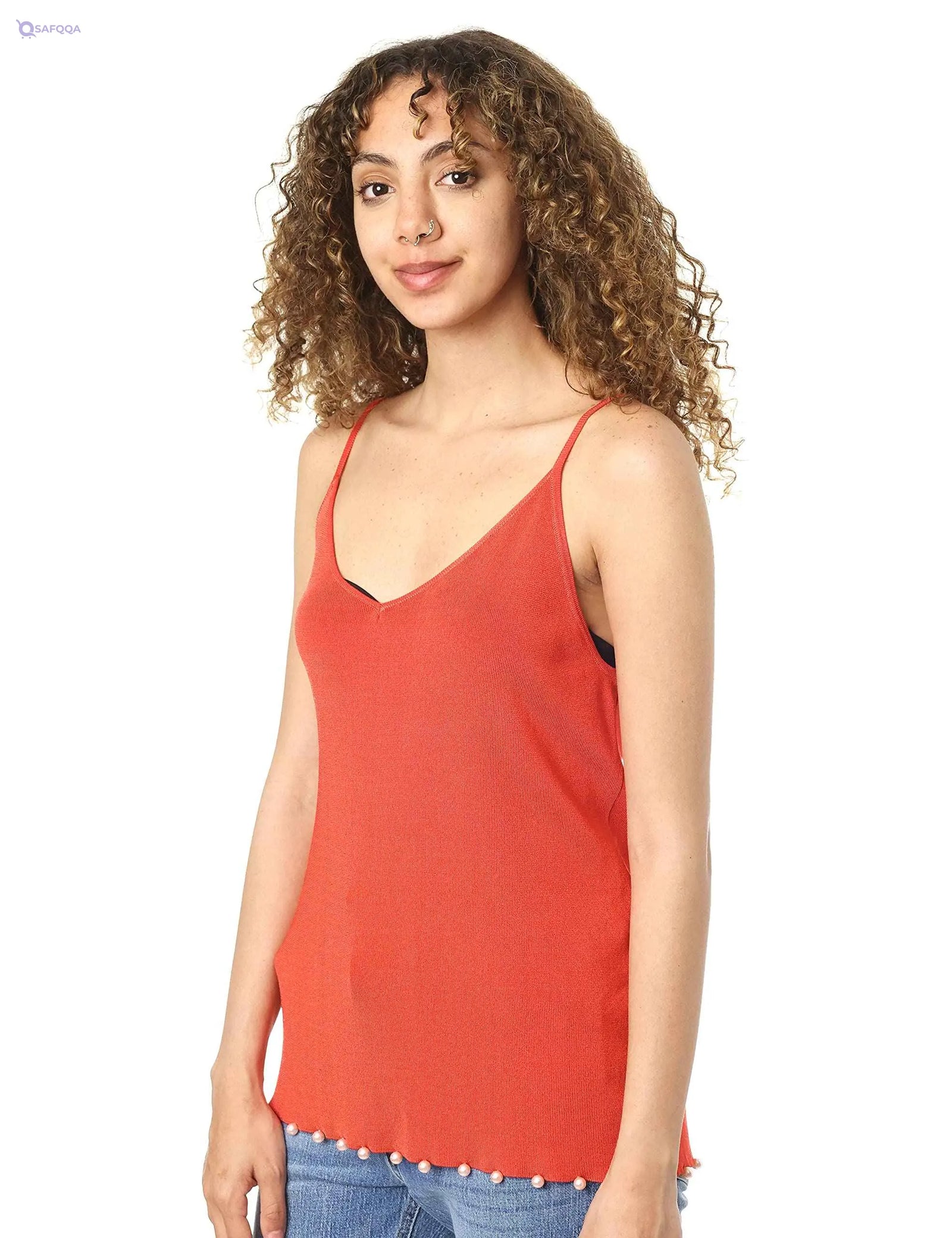 Splash Solid V-Neck Spaghetti Straps Pearl Embellished Hem Top for Women - Safqqa Egypt