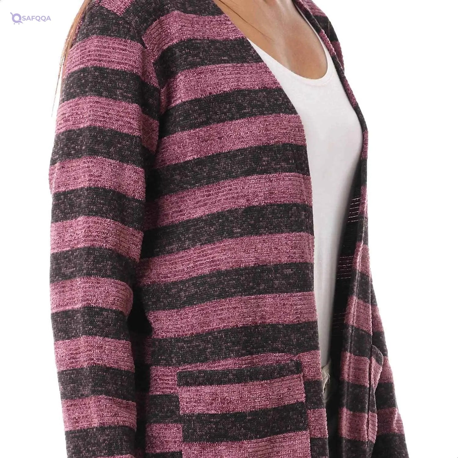 Jamila Women Striped Front Pockets Long Sleeves Open Cotton Cardigan - Safqqa
