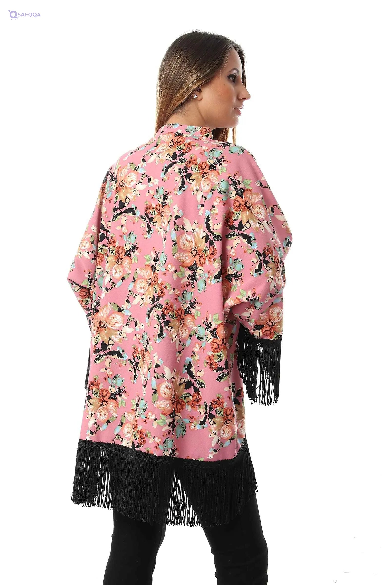 Jamila Women Floral Patterned Contrast Fringes Cotton Kimono - Safqqa Egypt