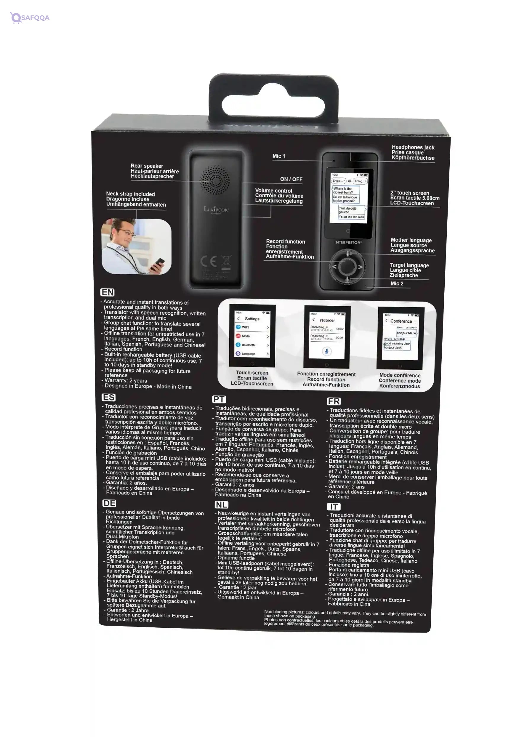 Lexibook Interpretor®, Instant Talking Translator, 75 Languages, Accurate translations of Professional Quality, Touch-Screen, Group Chat Function, Headphones Jack, Bluetooth, WiFi, Black, NTL2000 - Safqqa