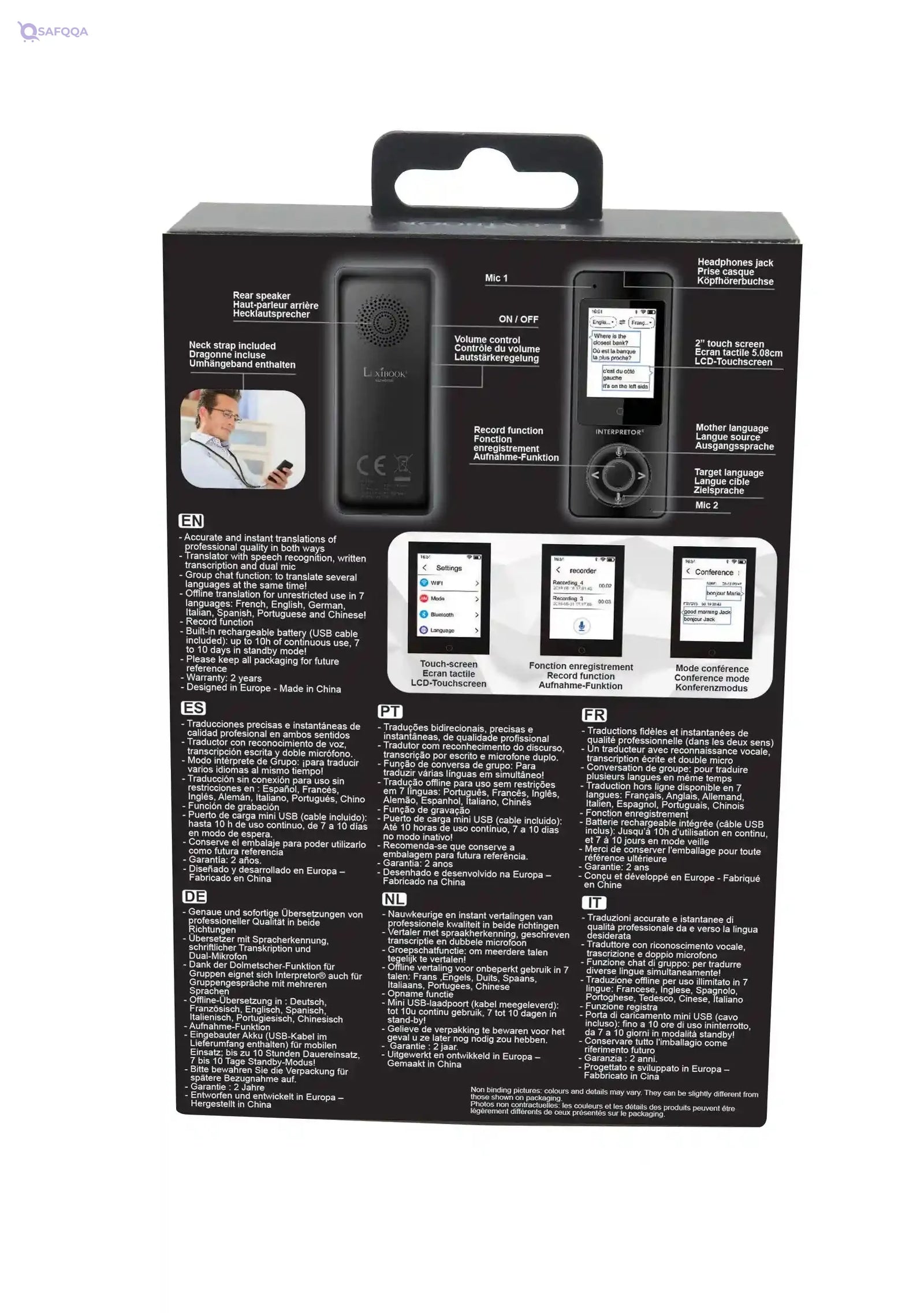 Lexibook Interpretor®, Instant Talking Translator, 75 Languages, Accurate translations of Professional Quality, Touch-Screen, Group Chat Function, Headphones Jack, Bluetooth, WiFi, Black, NTL2000 - Safqqa