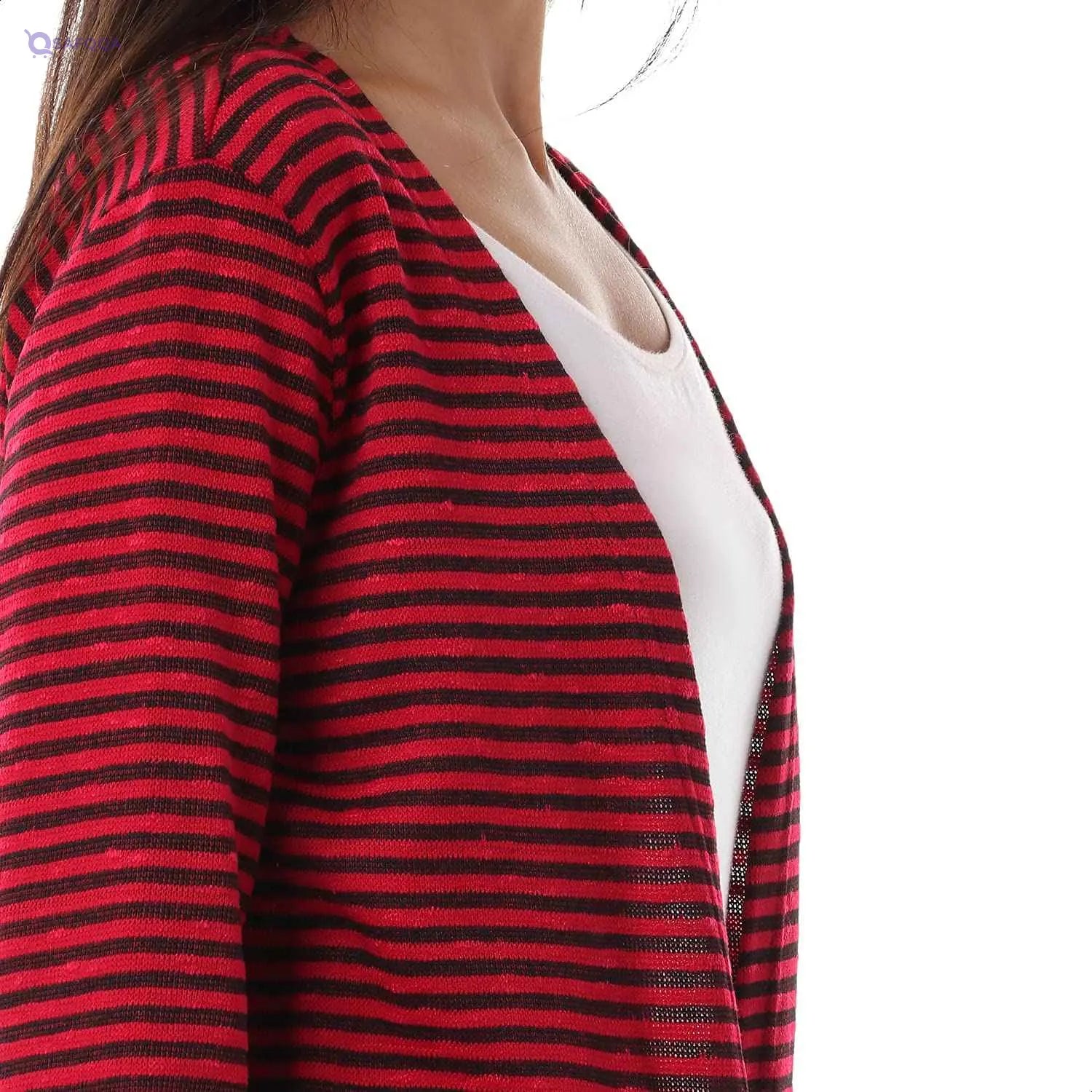 Jamila Women Hairline Stripes Front Pockets Long Sleeves Open Cotton Cardigan - Safqqa