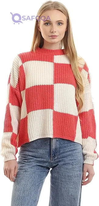 Ravin Women's Bi-Tone Knitted Mock Neck Pullover - Off White & Coral (96991) - Safqqa