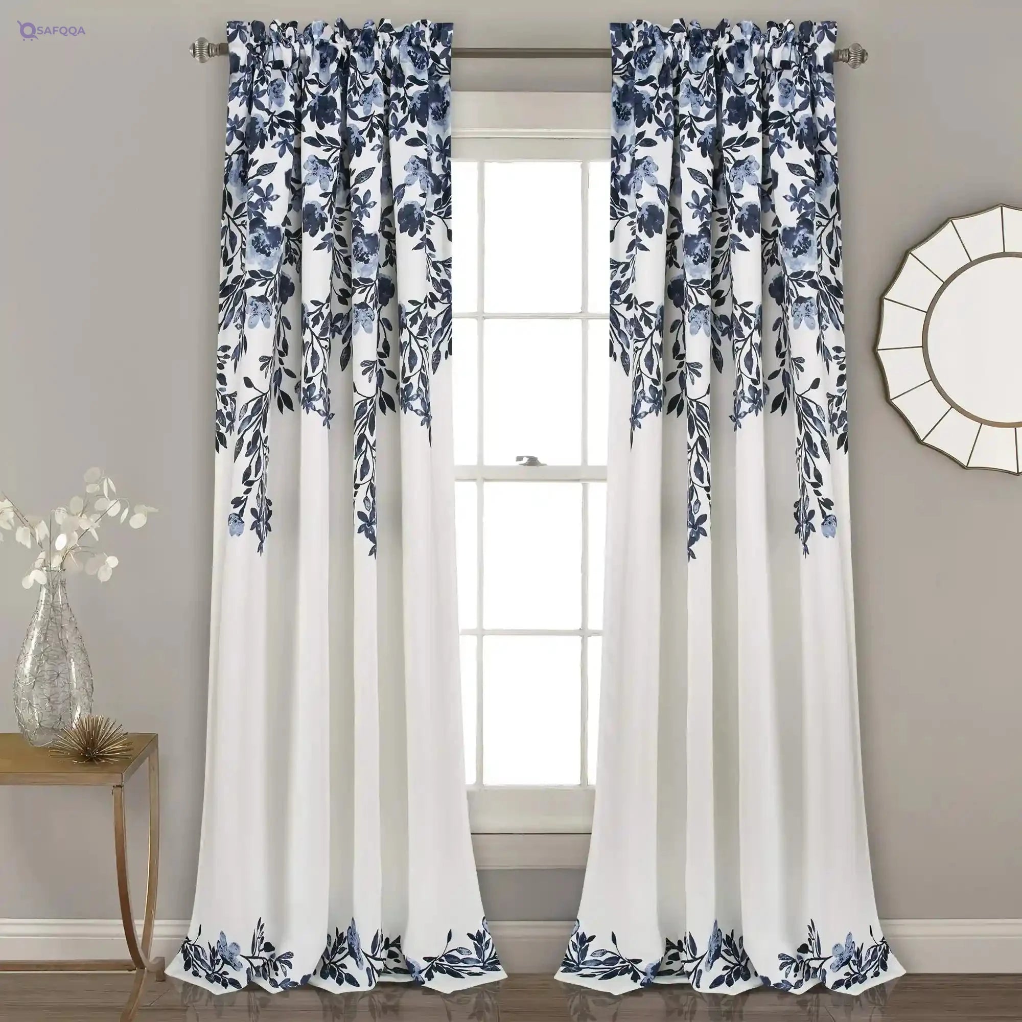 Lush Decor Navy and White Tanisha Curtains Room Darkening Floral Vine Print Design Window Panel Set (Pair), 95" x 52" - Safqqa