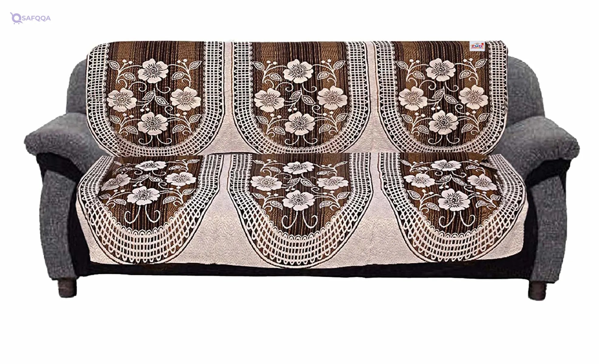 Fun Homes Flower Print 6 Piece Cotton 5 Seater Sofa Cover Use Both Side,Living Room,Drawing Room,Bedroom,Guest Room - Brown - Safqqa