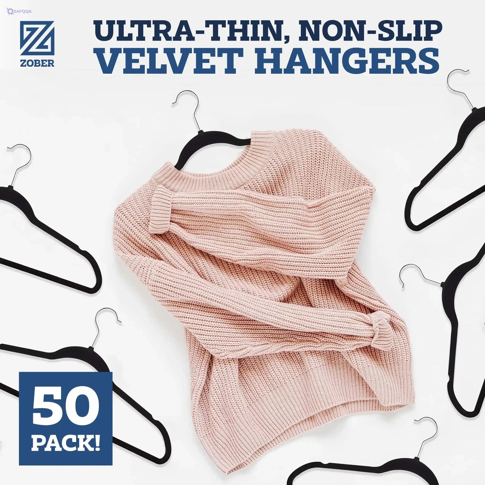 Zober Velvet Hangers 50 Pack - Black for Coats, Pants & Dress Clothes - Non Slip w/ 360 Degree Swivel, Holds up to 10 lbs - Strong Felt Hangers for Clothing - Safqqa