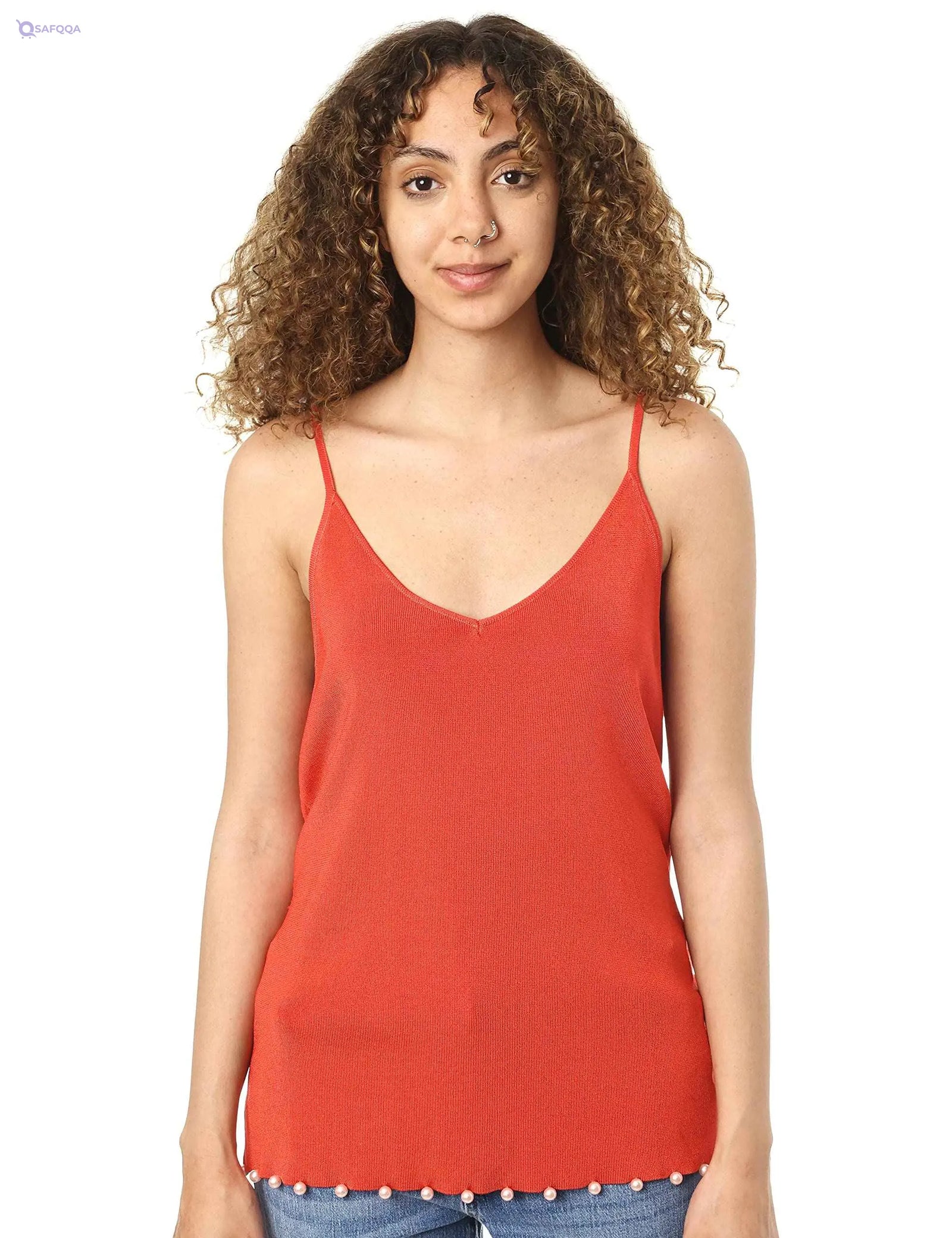 Splash Solid V-Neck Spaghetti Straps Pearl Embellished Hem Top for Women - Safqqa Egypt