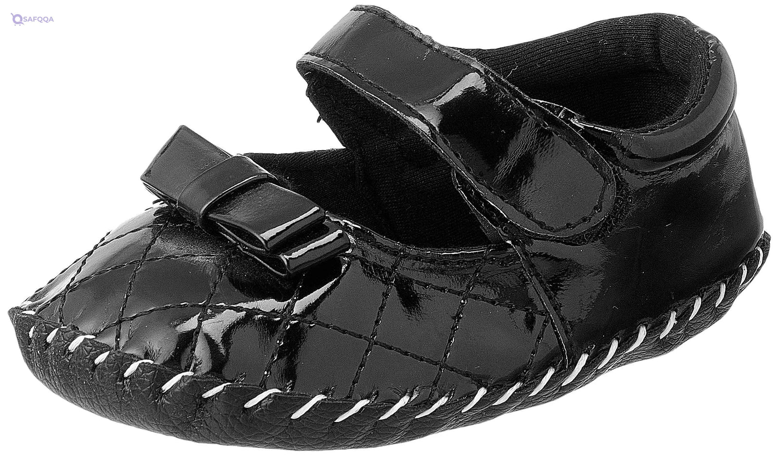 Mix & Max Quilted Patent Faux Leather Velcro-Strap Bow-Detail Shoes for Girls - Black, 12 - 18 Months - Safqqa Egypt