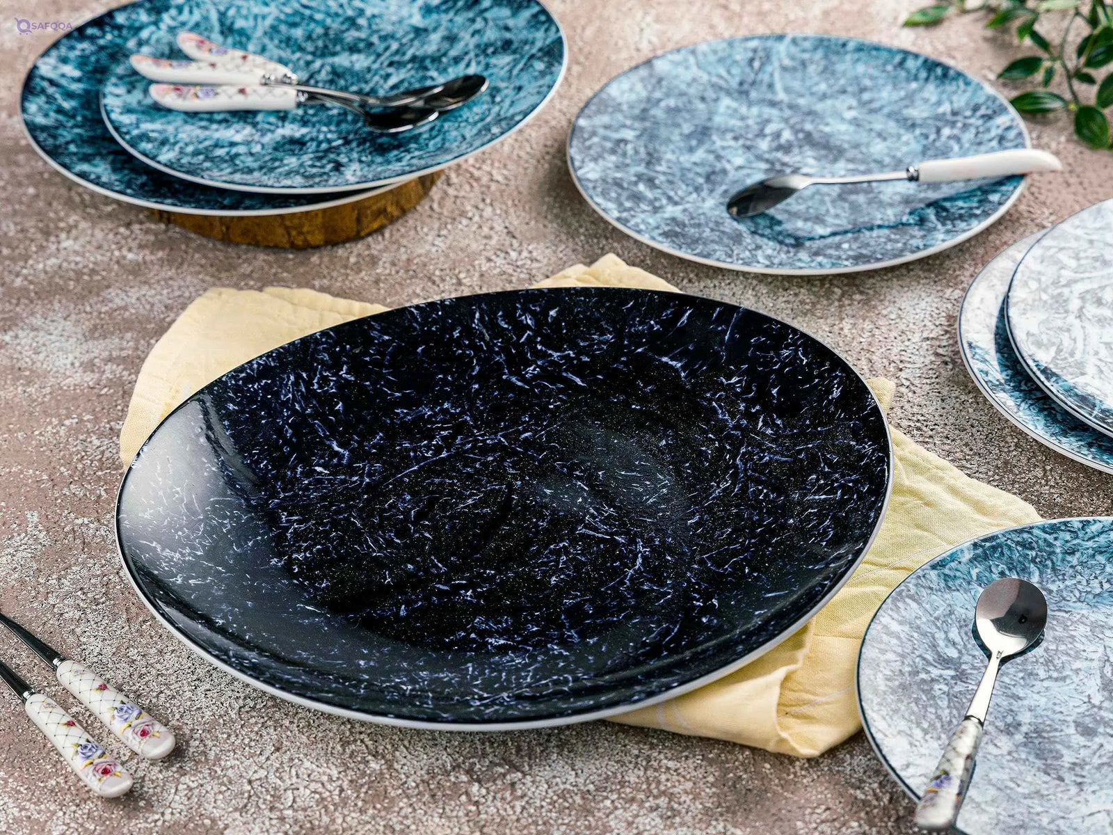 7-Piece Dessert Set – Porcelain, Marble Black Turquoise - Safqqa