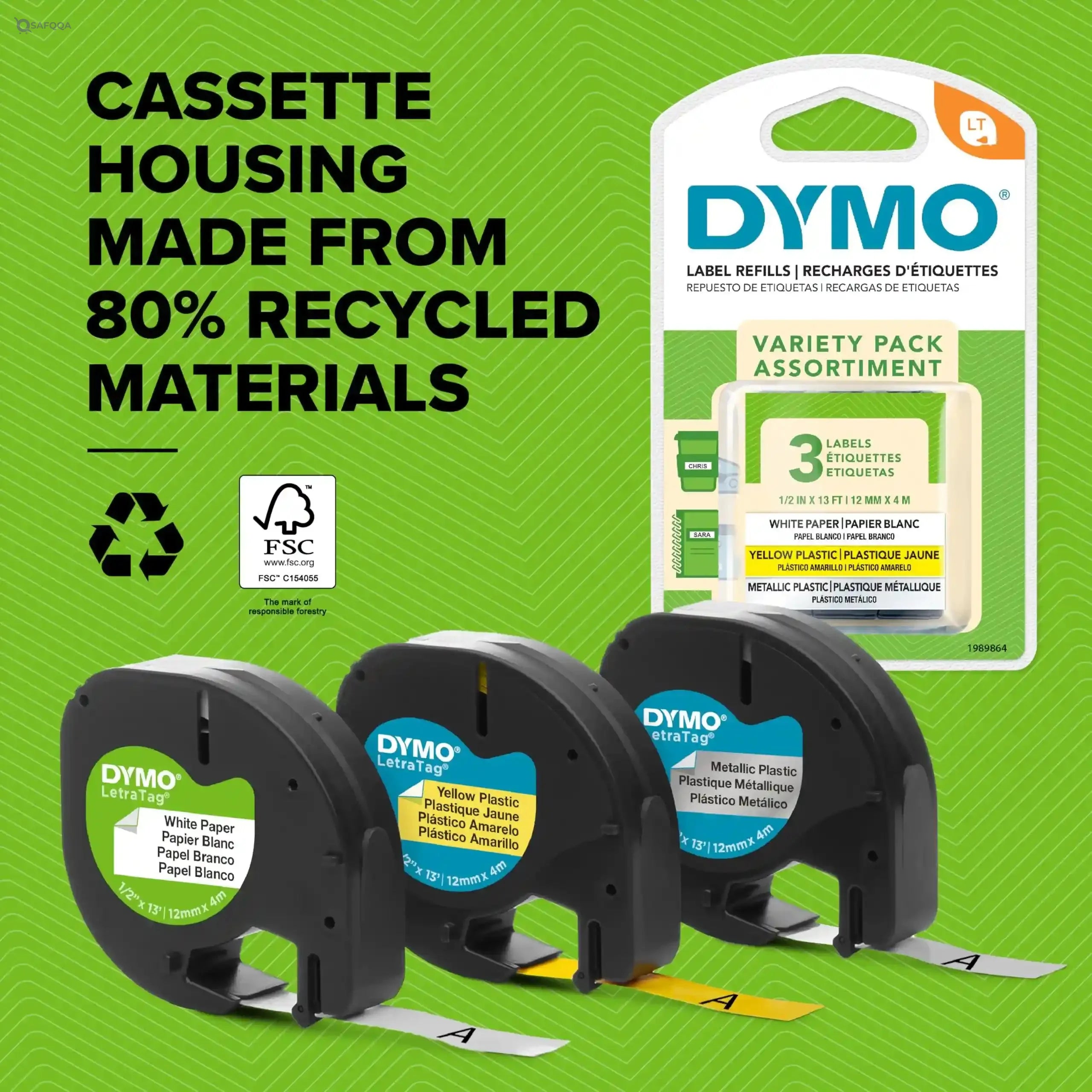 DYMO  Plastic Labels | Authentic | 12 mm x 4 m Roll | Black Print on Green Labels | Self-Adhesive Multipurpose Labels for Label Makers - Safqqa