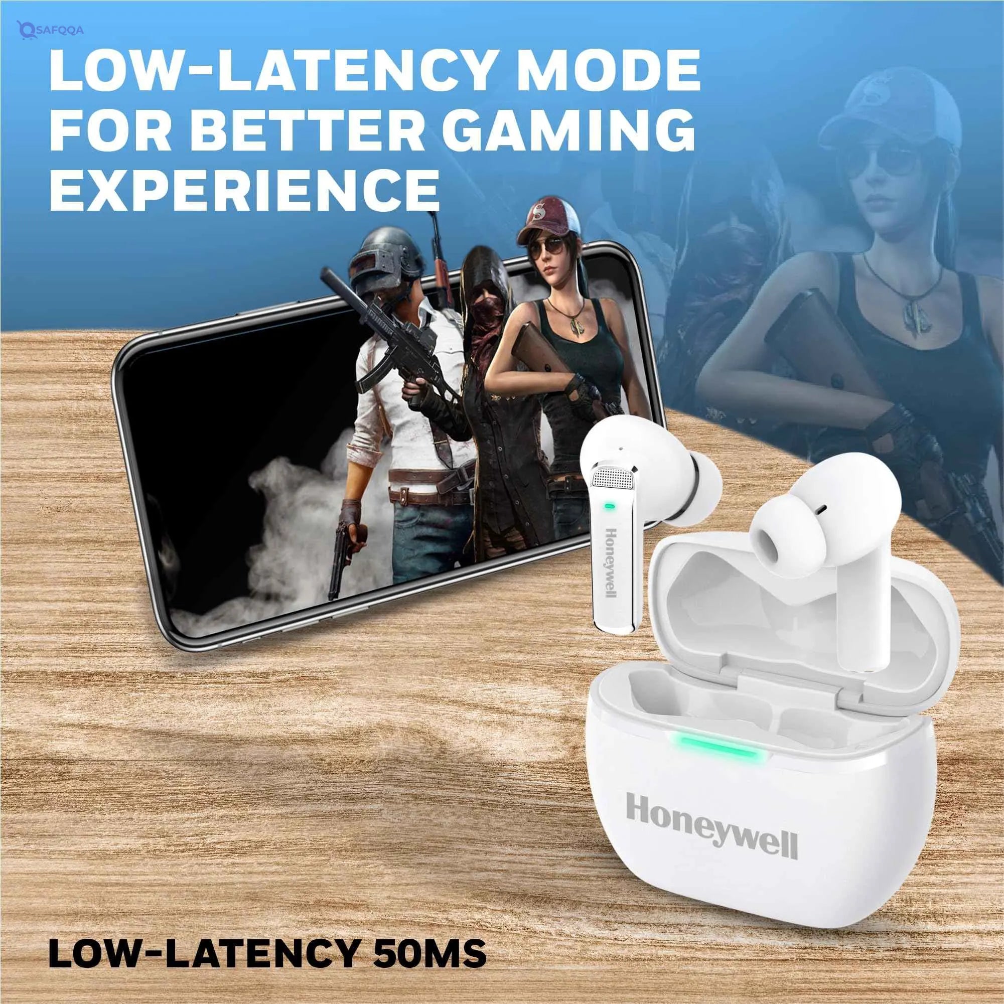 Honeywell  U5100, in-Ear Wireless Active Noice Cancellation, True Wireless Stereo Earbuds, Low Latency Mode(50MS), 6 Mics, Bluetooth V5.2, Sweat & Splash Resistant, 62 Hour Playtime, White - Safqqa