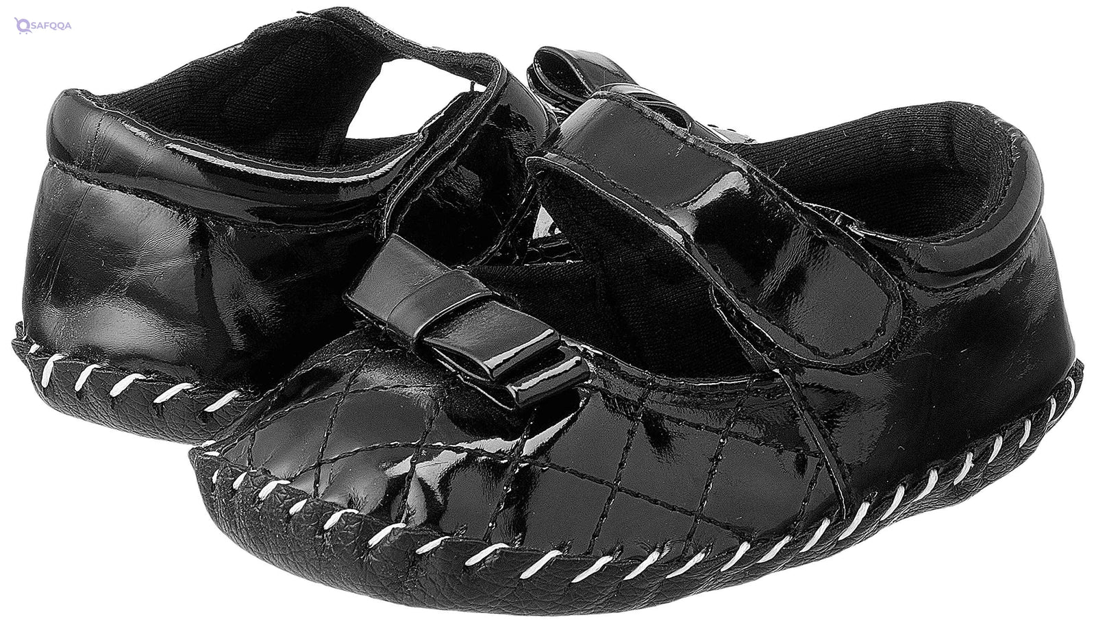 Mix & Max Quilted Patent Faux Leather Velcro-Strap Bow-Detail Shoes for Girls - Black, 12 - 18 Months - Safqqa Egypt