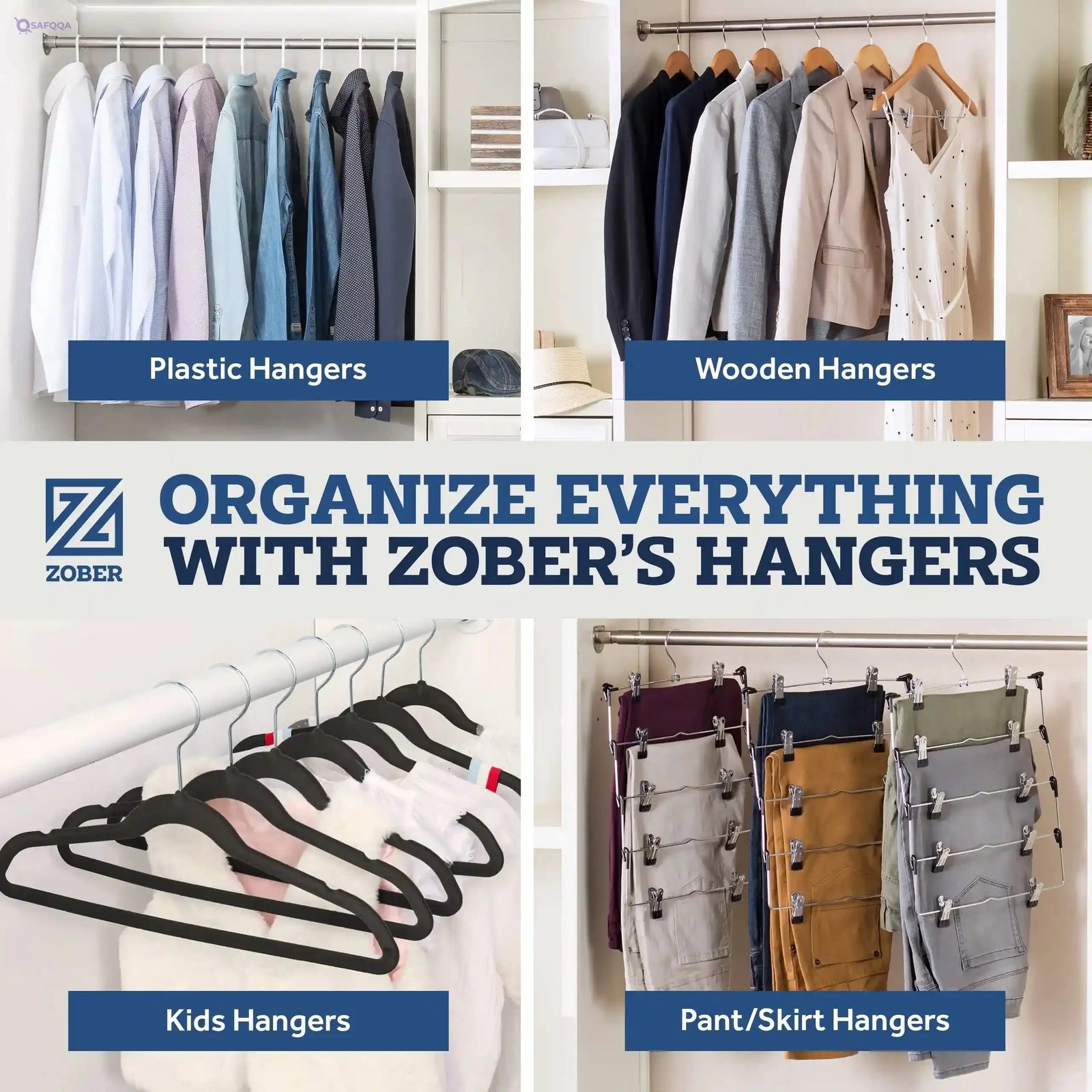 Zober Velvet Hangers 50 Pack - Black for Coats, Pants & Dress Clothes - Non Slip w/ 360 Degree Swivel, Holds up to 10 lbs - Strong Felt Hangers for Clothing - Safqqa