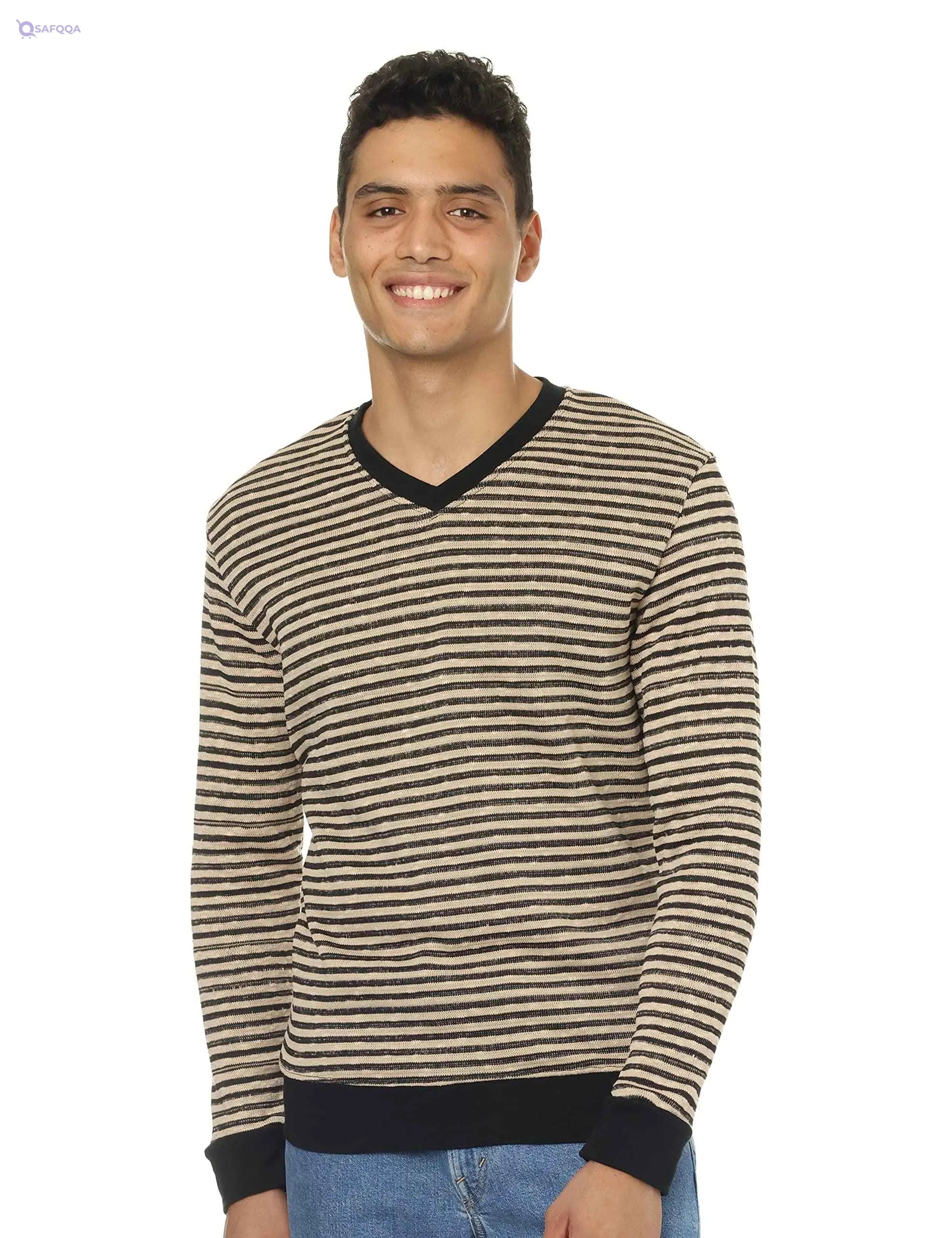 Men’s Striped V-Neck Long Sleeve Top - Safqqa