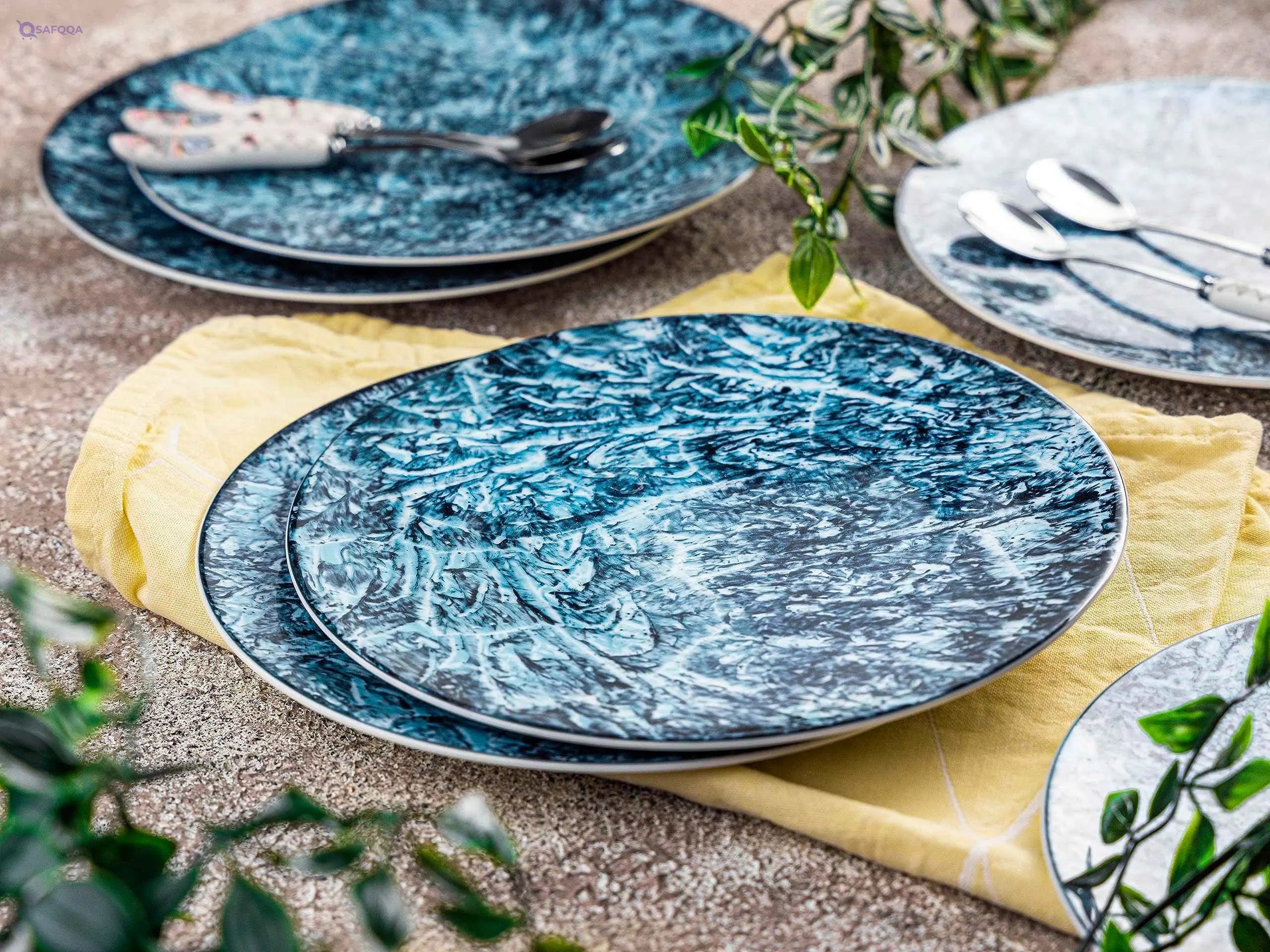 7-Piece Dessert Set – Porcelain, Marble Black Turquoise - Safqqa