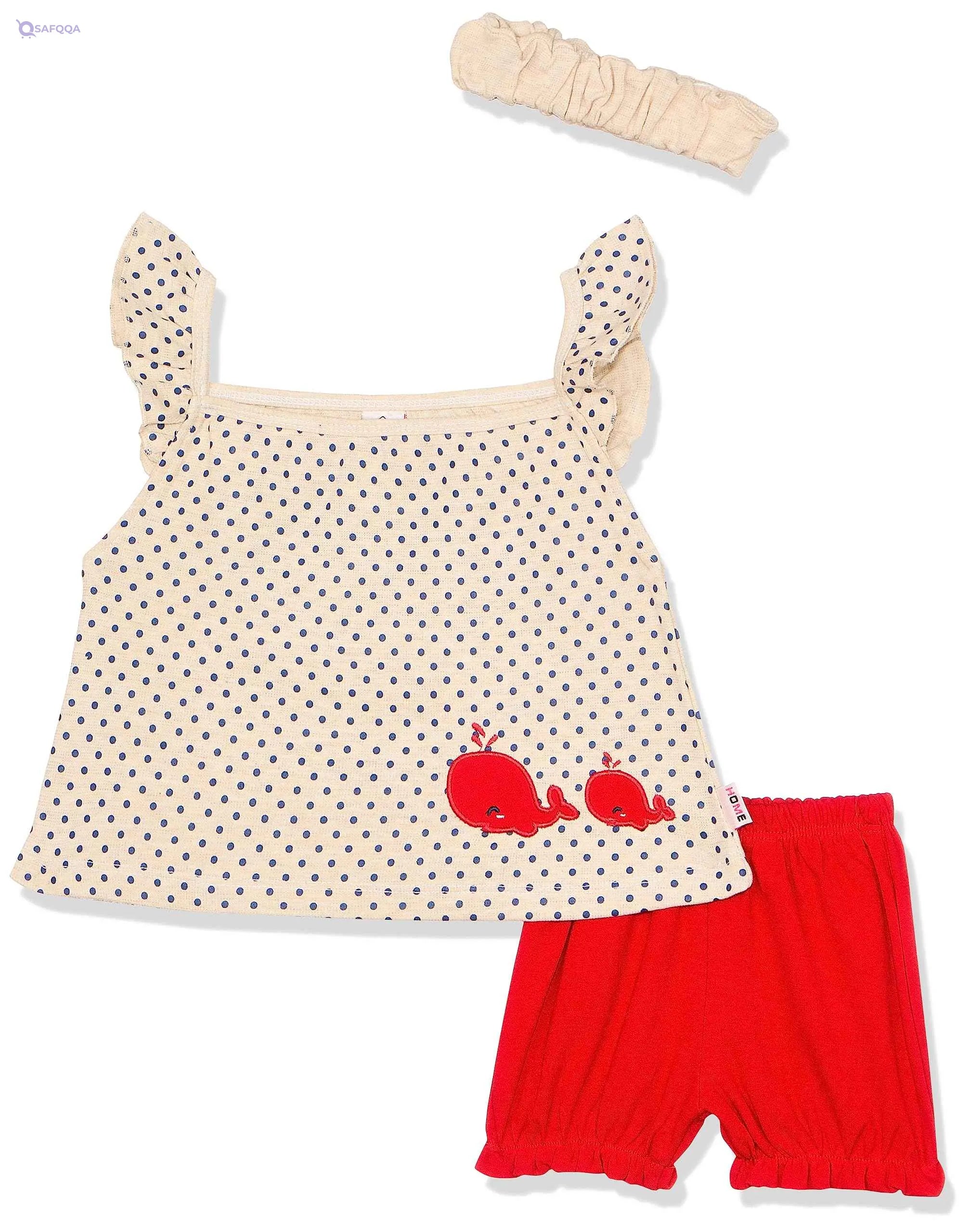 Baby Home 4013 100% Cotton Baby Set of Half Sleeves T-Shirt Fish Printed, Short and a Bib - Safqqa Egypt