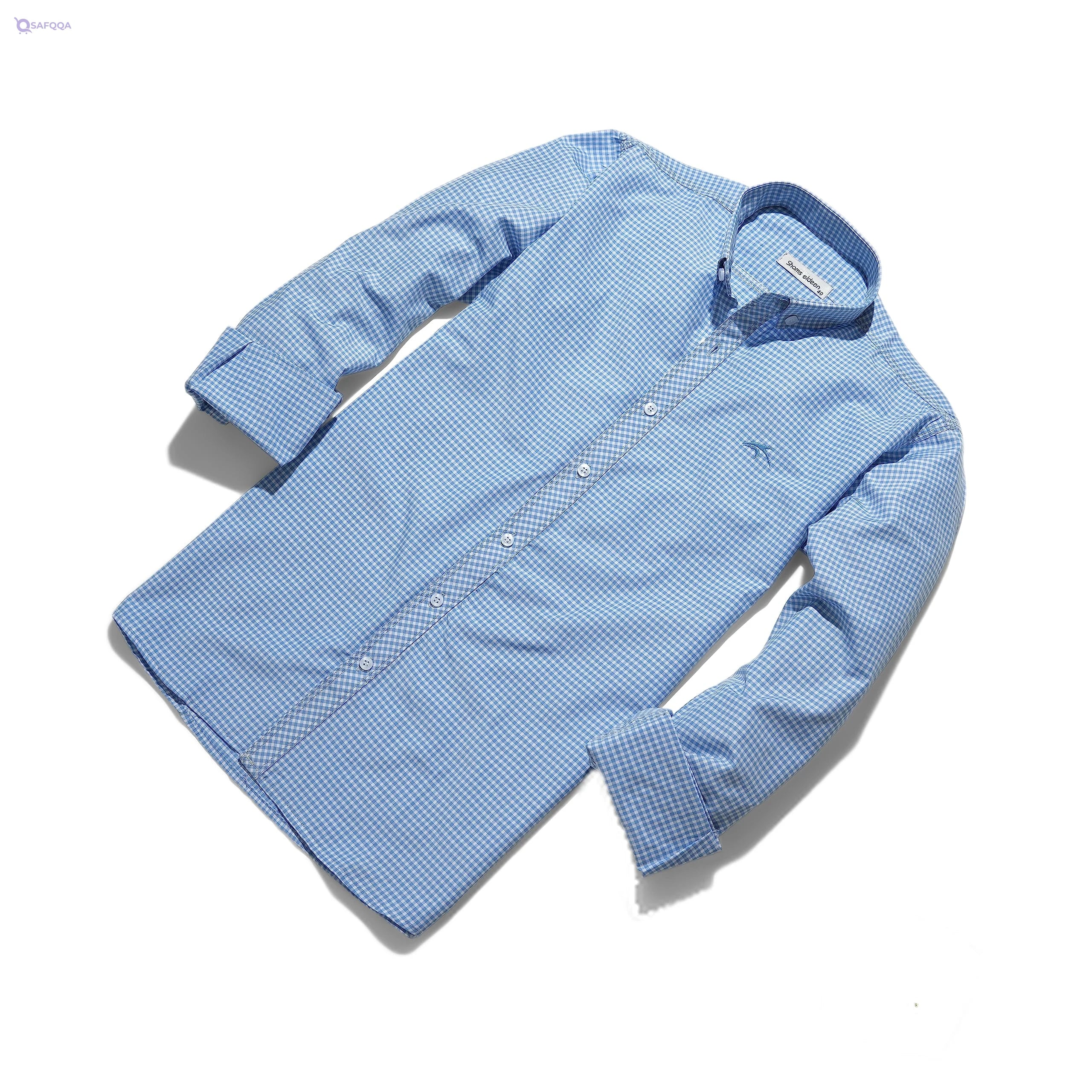 Mens Cotton Lightweight Long Sleeve Fit Button Down Collar Plaid Shirt-Baby Blue - Safqqa