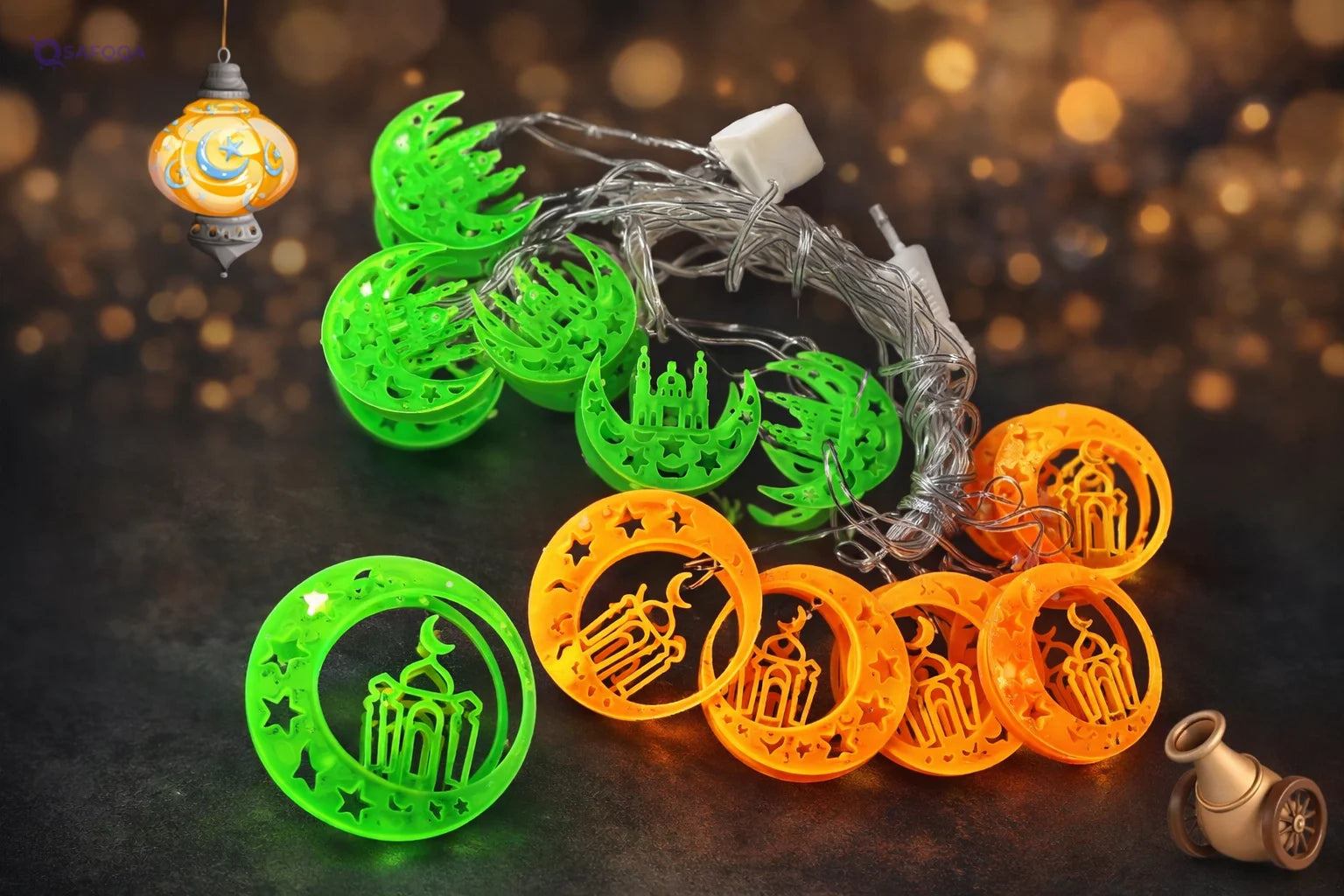 Ramadan Decorative String – 10 Plastic Mosque and Crescent Shapes, 3 Meters - Safqqa
