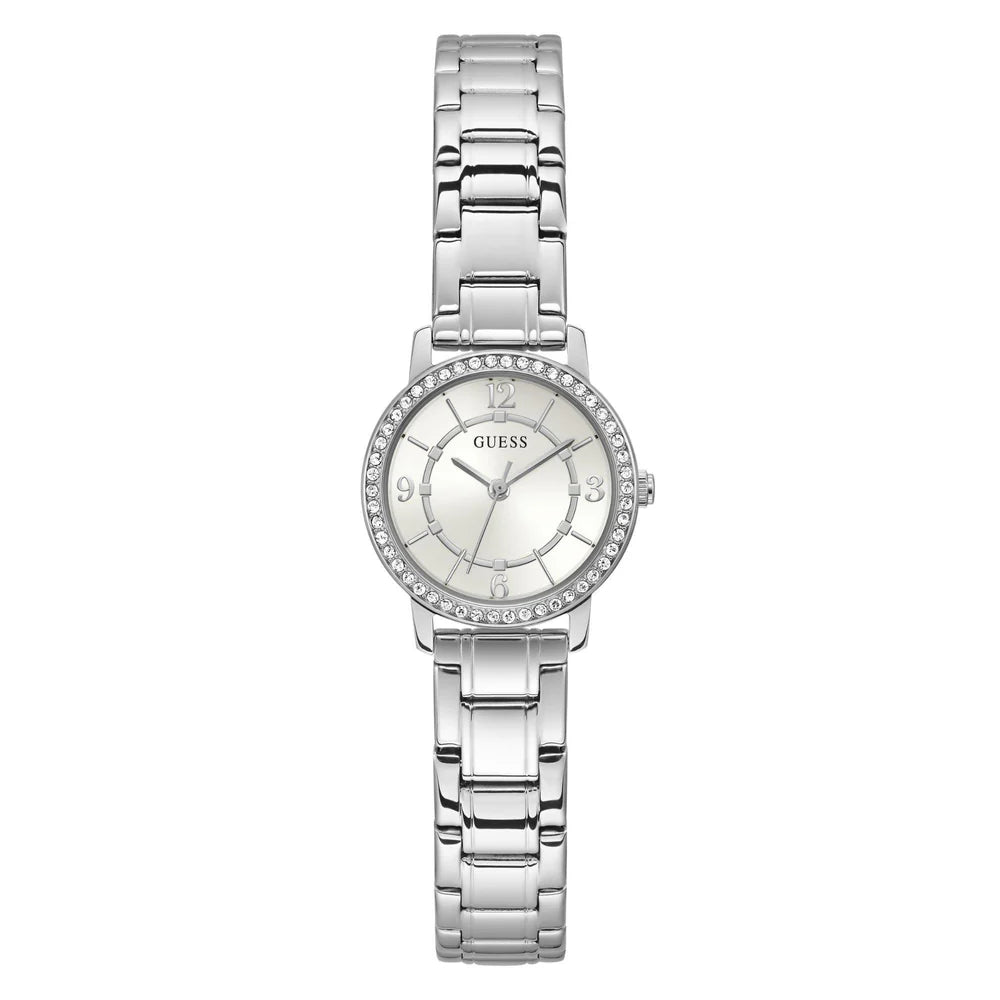 Guess Ladies Silver-Tone Stainless Steel Analog Watch with White Dial