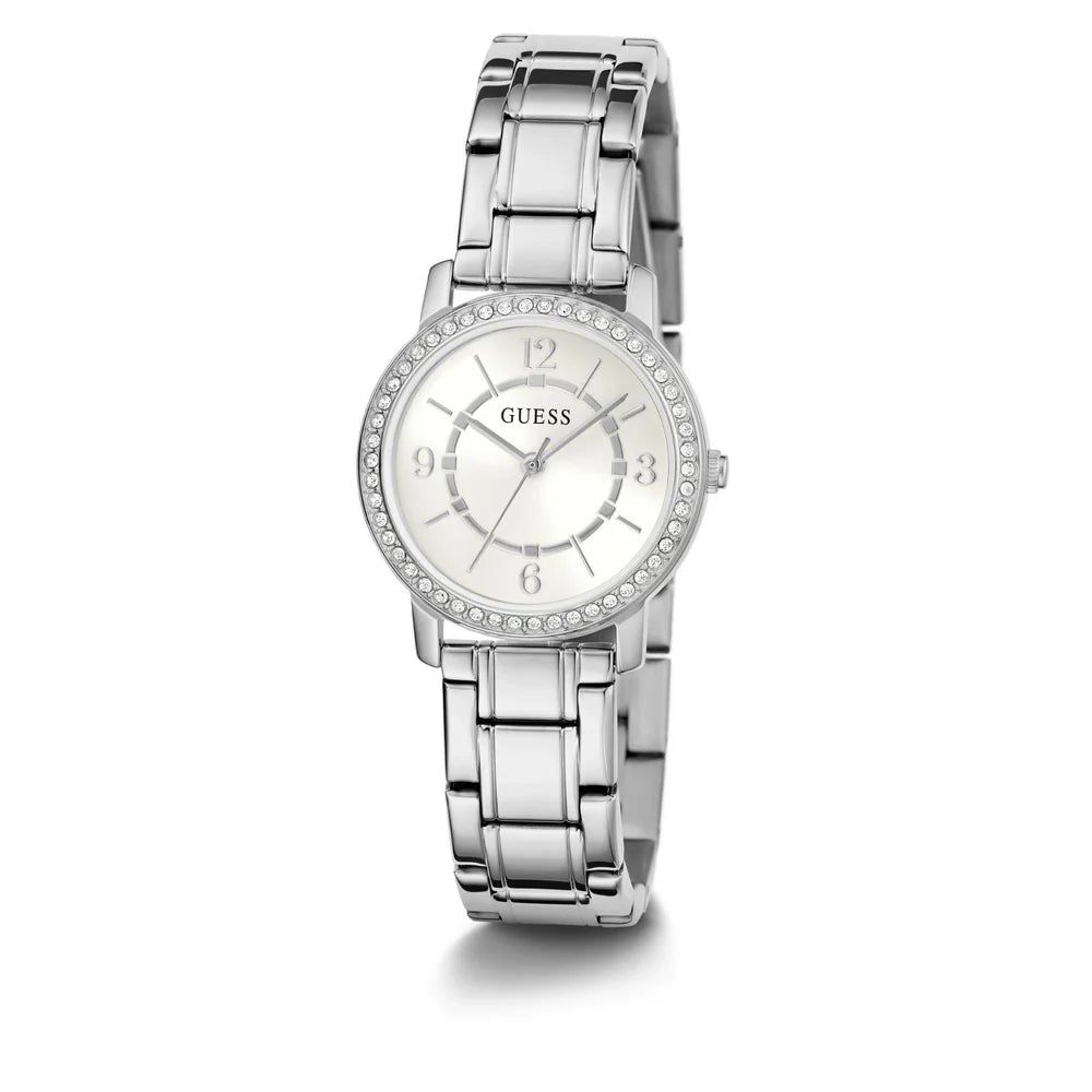 Guess Ladies Silver-Tone Stainless Steel Analog Watch with White Dial