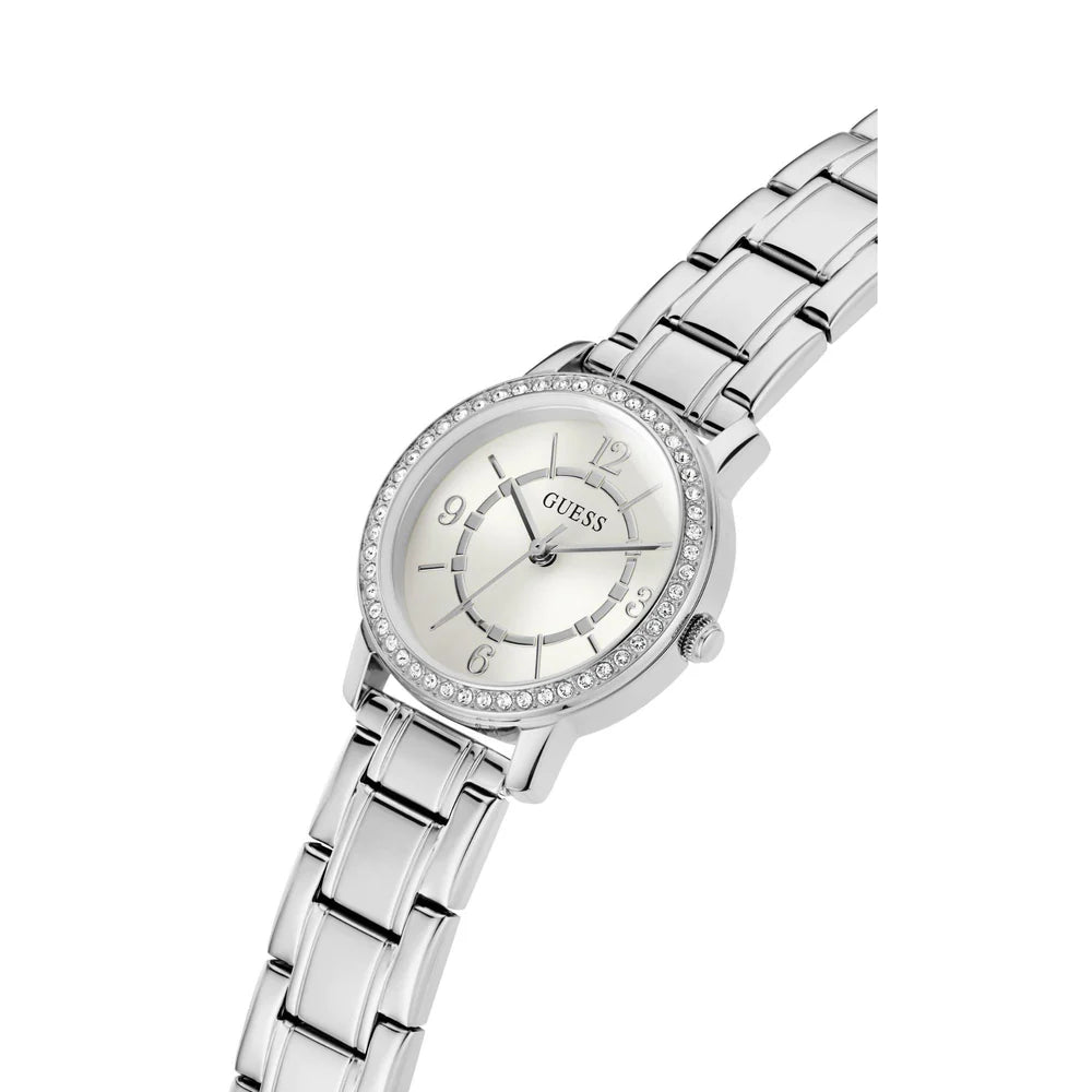 Guess Ladies Silver-Tone Stainless Steel Analog Watch with White Dial