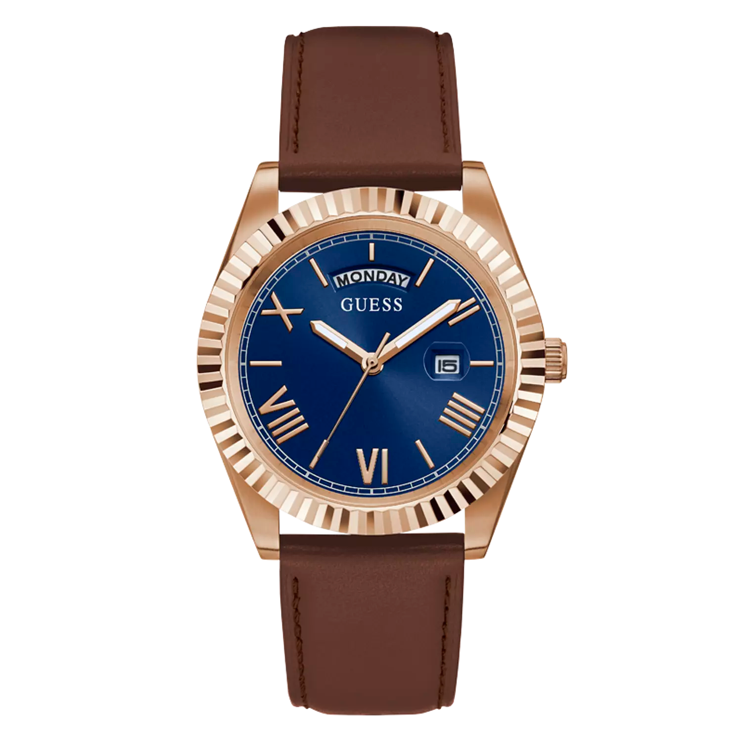 Guess Men’s Watch – Rose Gold Tone Case, Round Shape, Genuine Leather Strap