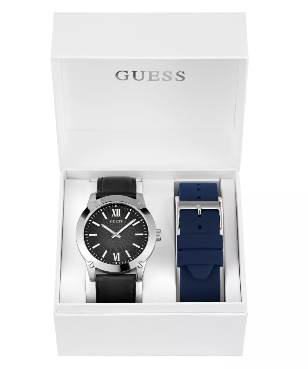 GUESS Men’s Silver Tone Watch – Genuine Leather & Silicone Straps