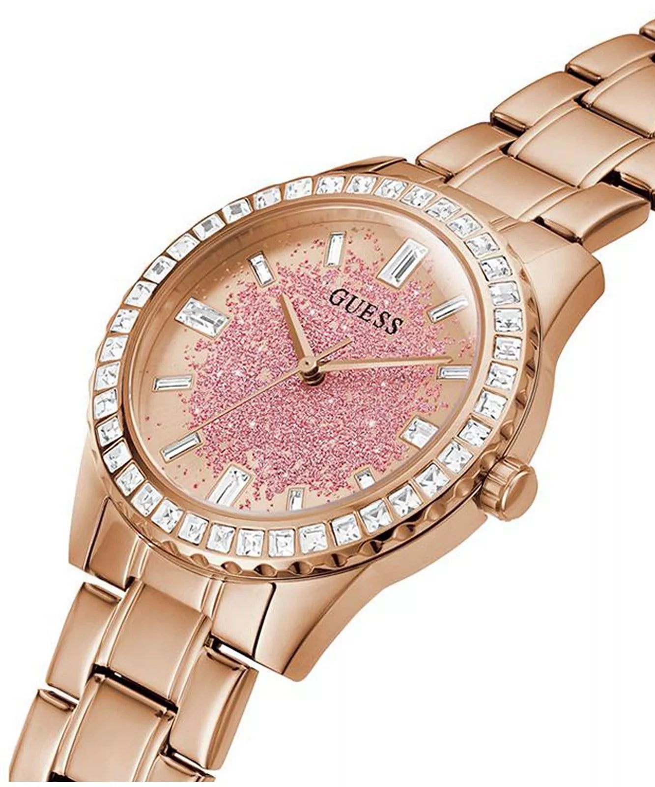 Guess Glitter Diamonds Pink Dial Rose Gold Steel Strap Women’s Watch