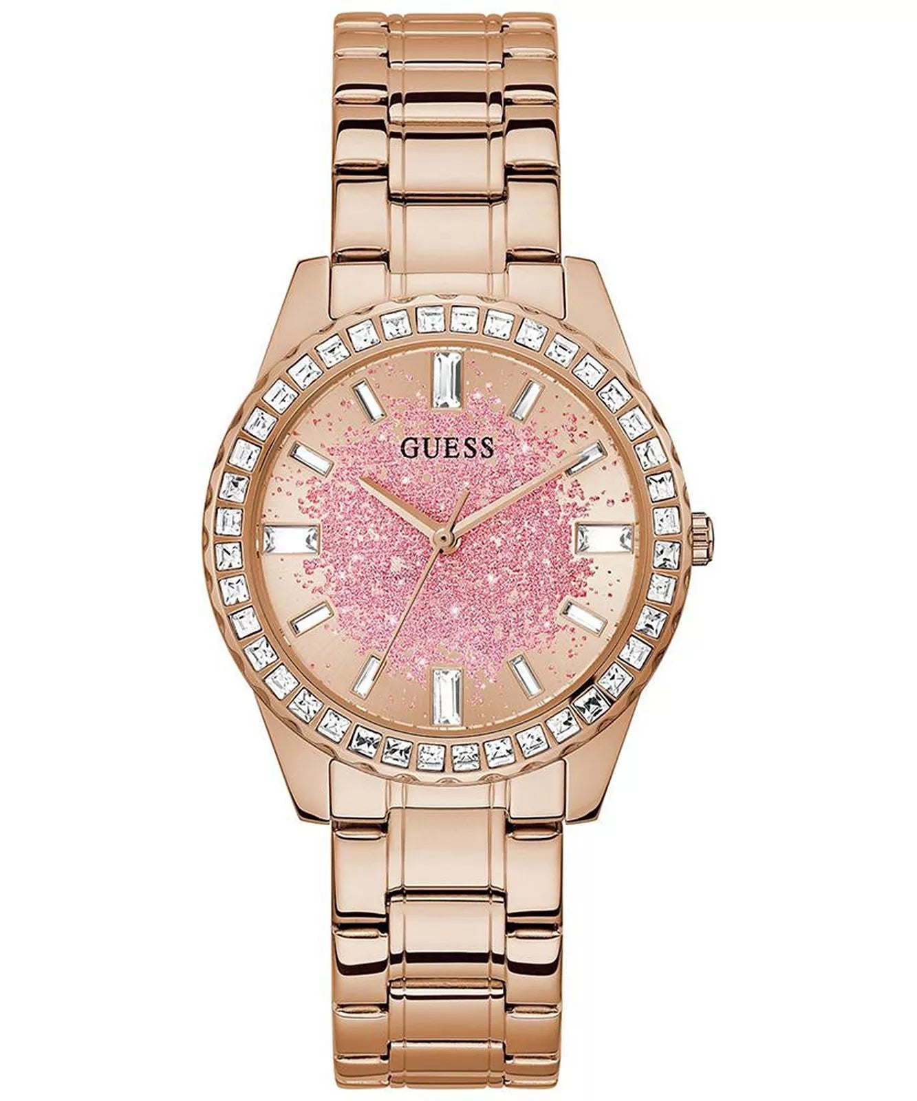Guess Glitter Diamonds Pink Dial Rose Gold Steel Strap Women’s Watch