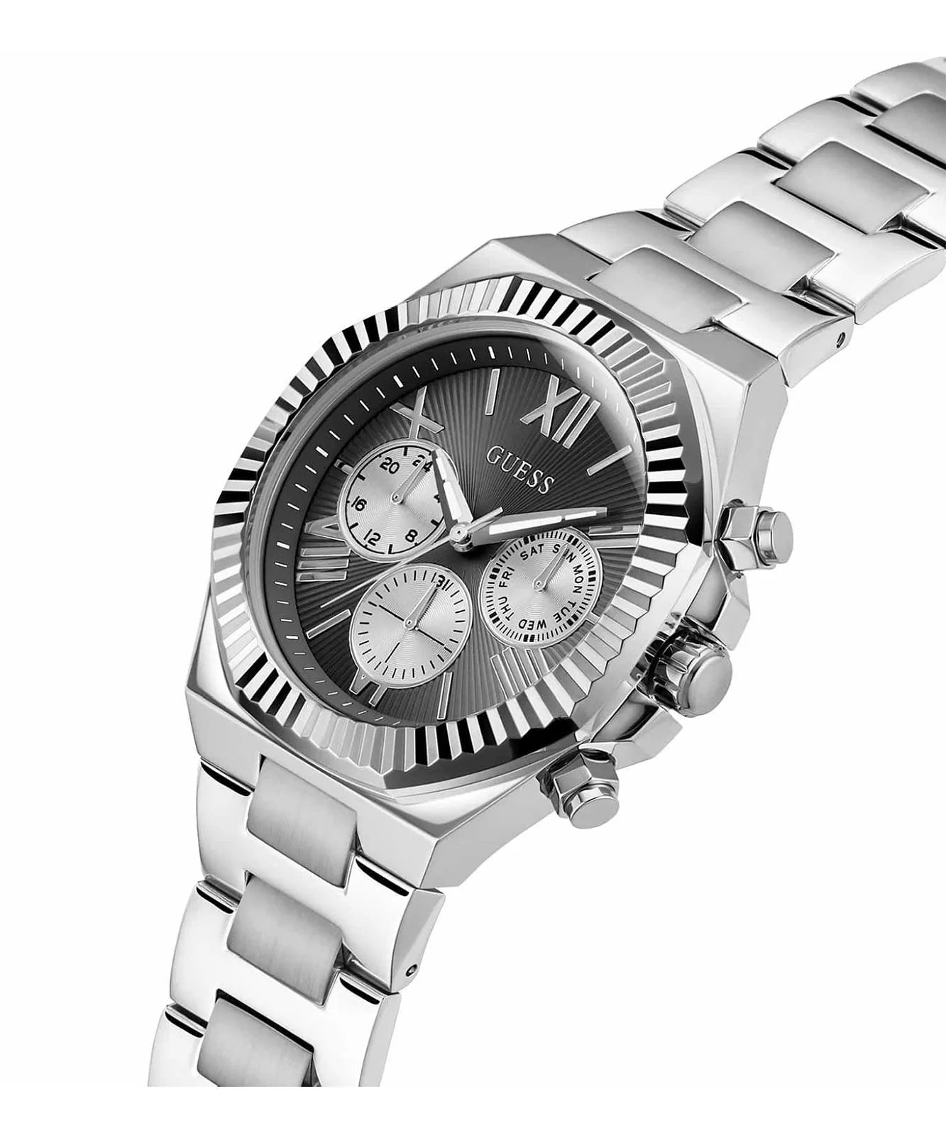 ساعة رجالية من جيس متعددة الوظائف مع قرص أسود وسوار من الستانلس ستيل