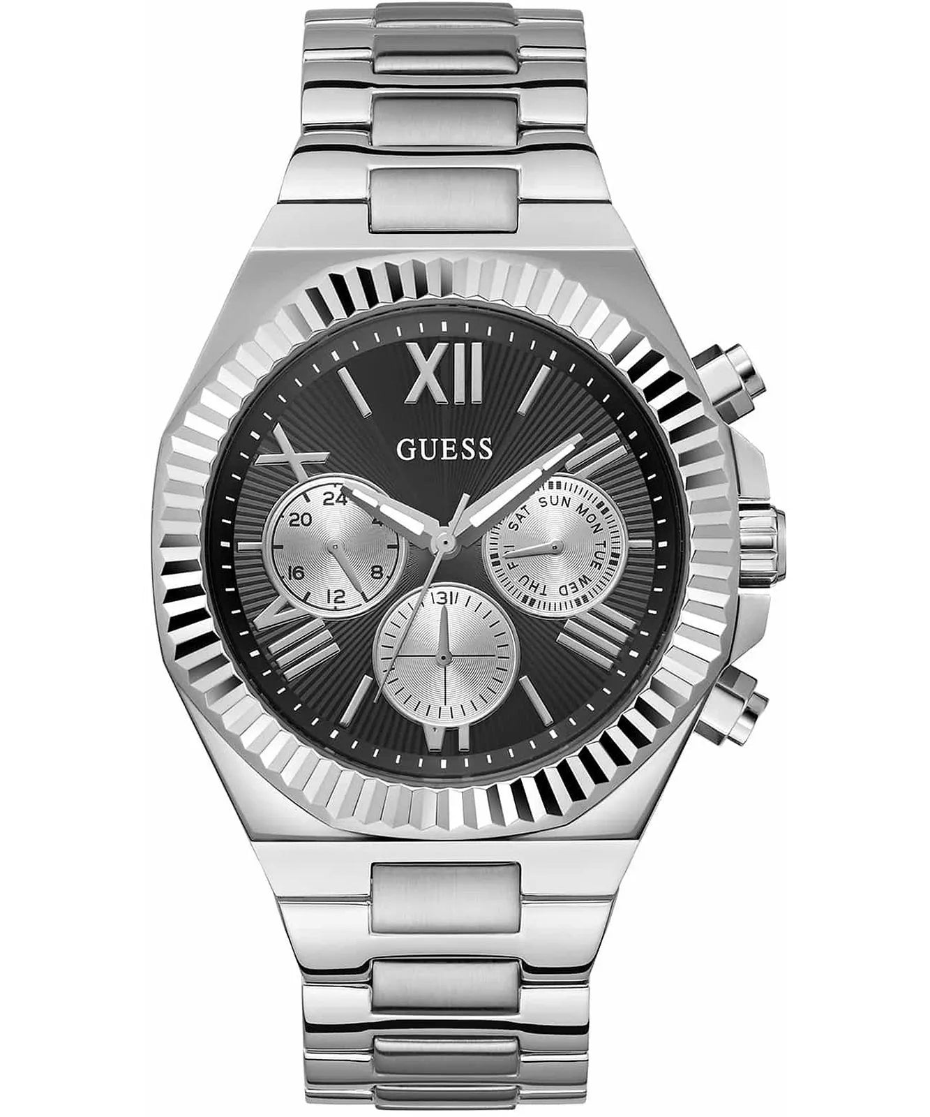 ساعة رجالية من جيس متعددة الوظائف مع قرص أسود وسوار من الستانلس ستيل